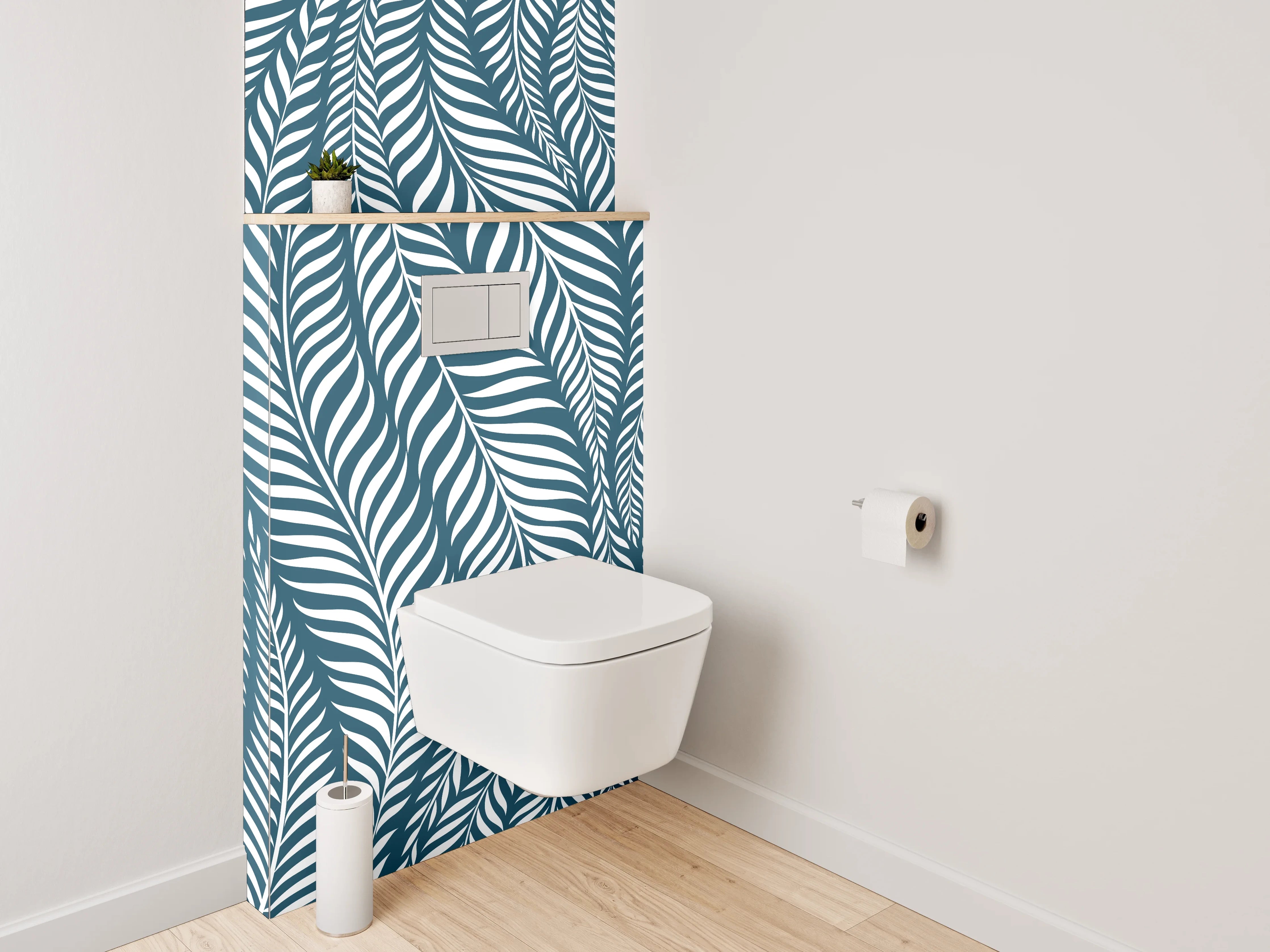 WC-Rückwand - Modernes Blätter Muster Blau Weiß