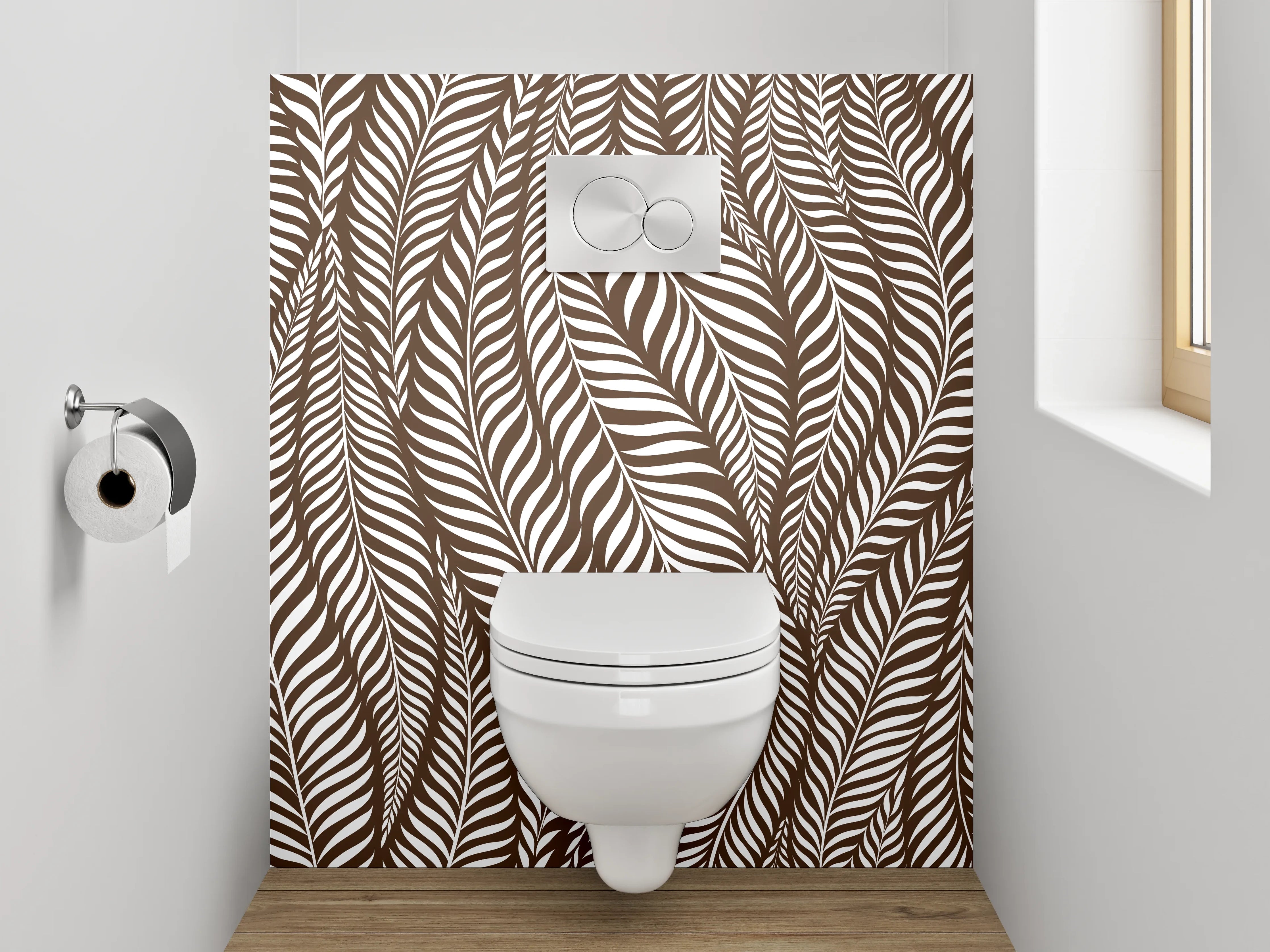WC-Rückwand - Modernes Blätter-Muster Braun Weiß