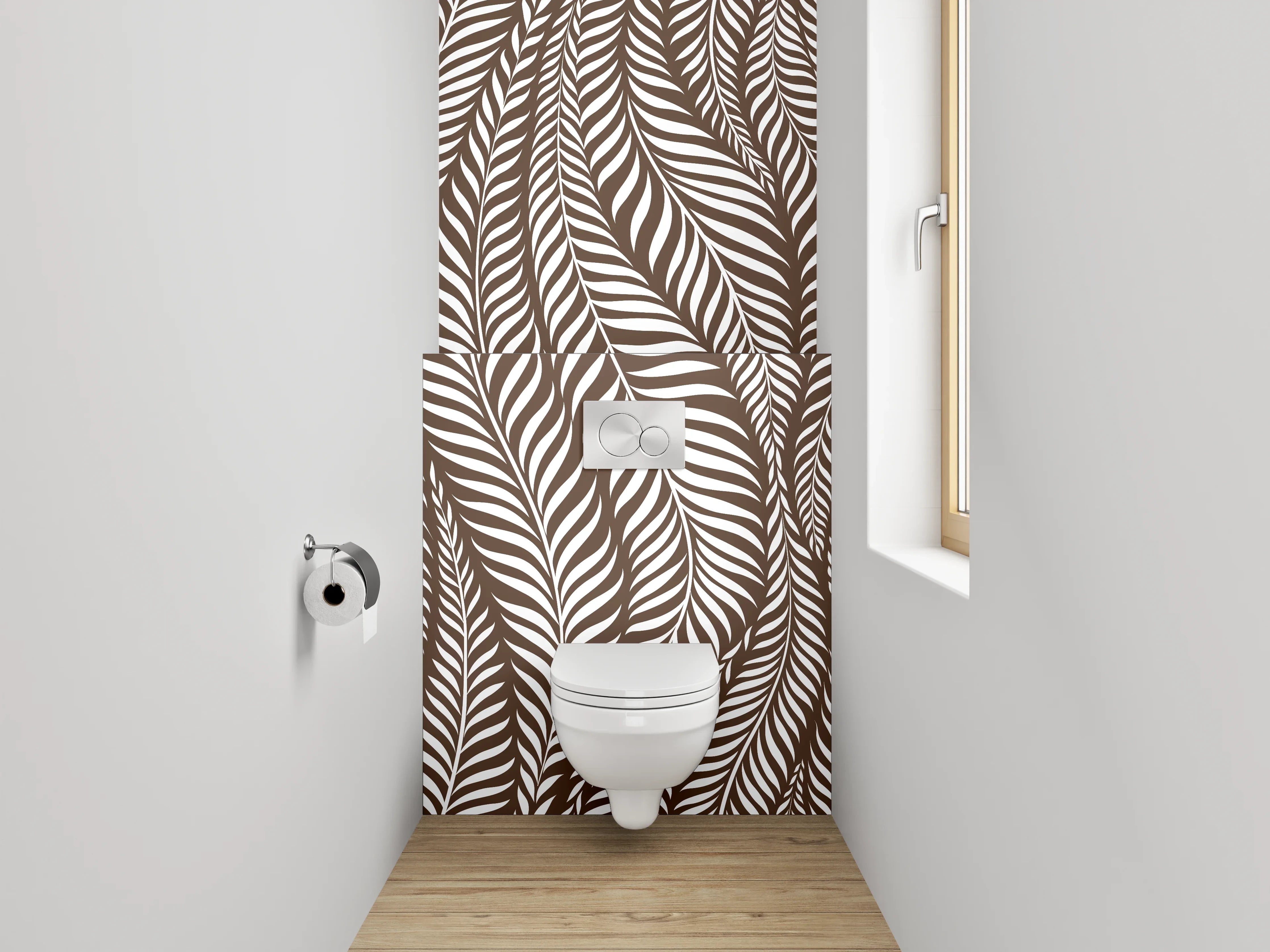 WC-Rückwand - Modernes Blätter-Muster Braun Weiß
