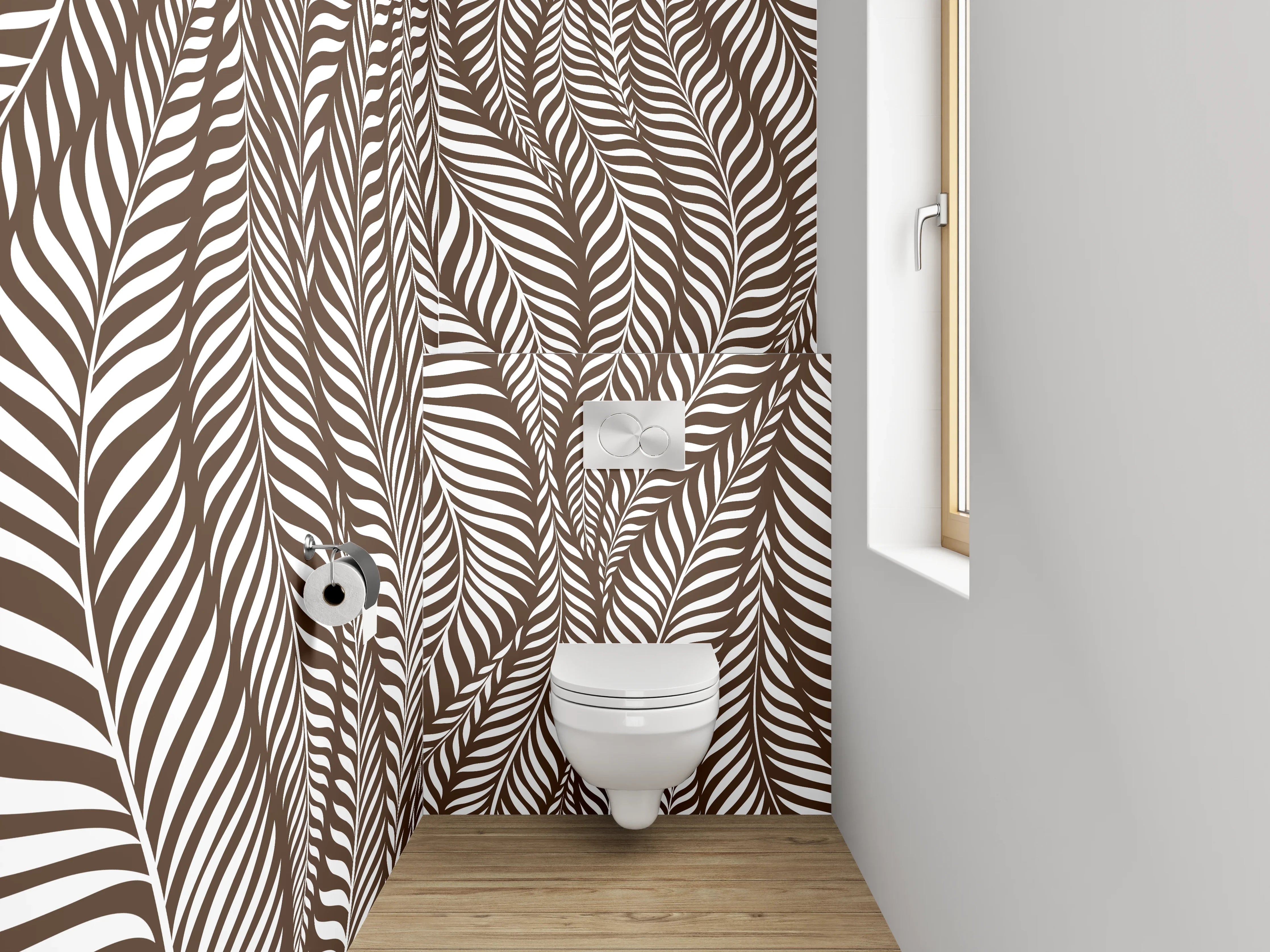 WC-Rückwand - Modernes Blätter-Muster Braun Weiß