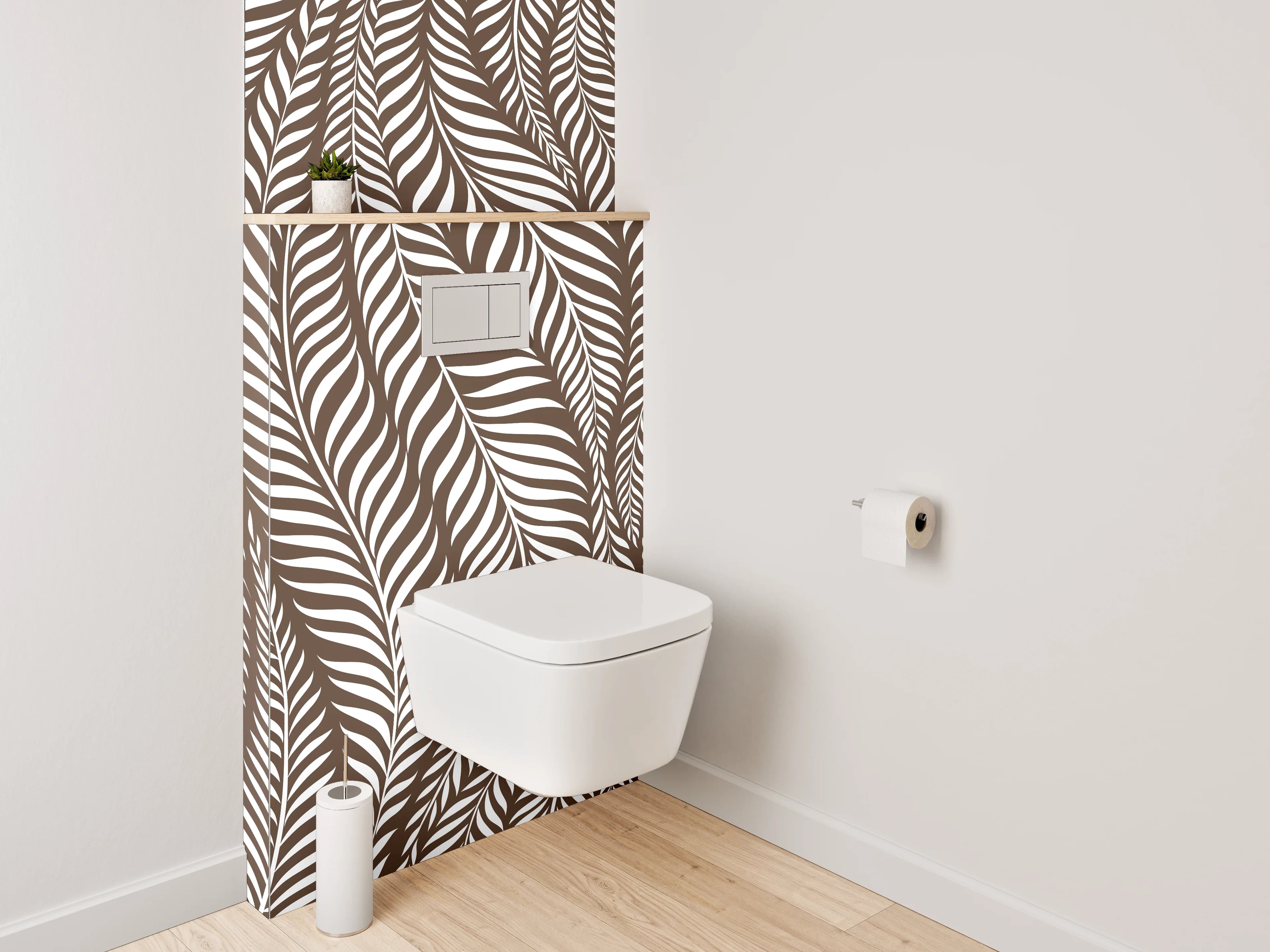 WC-Rückwand - Modernes Blätter-Muster Braun Weiß