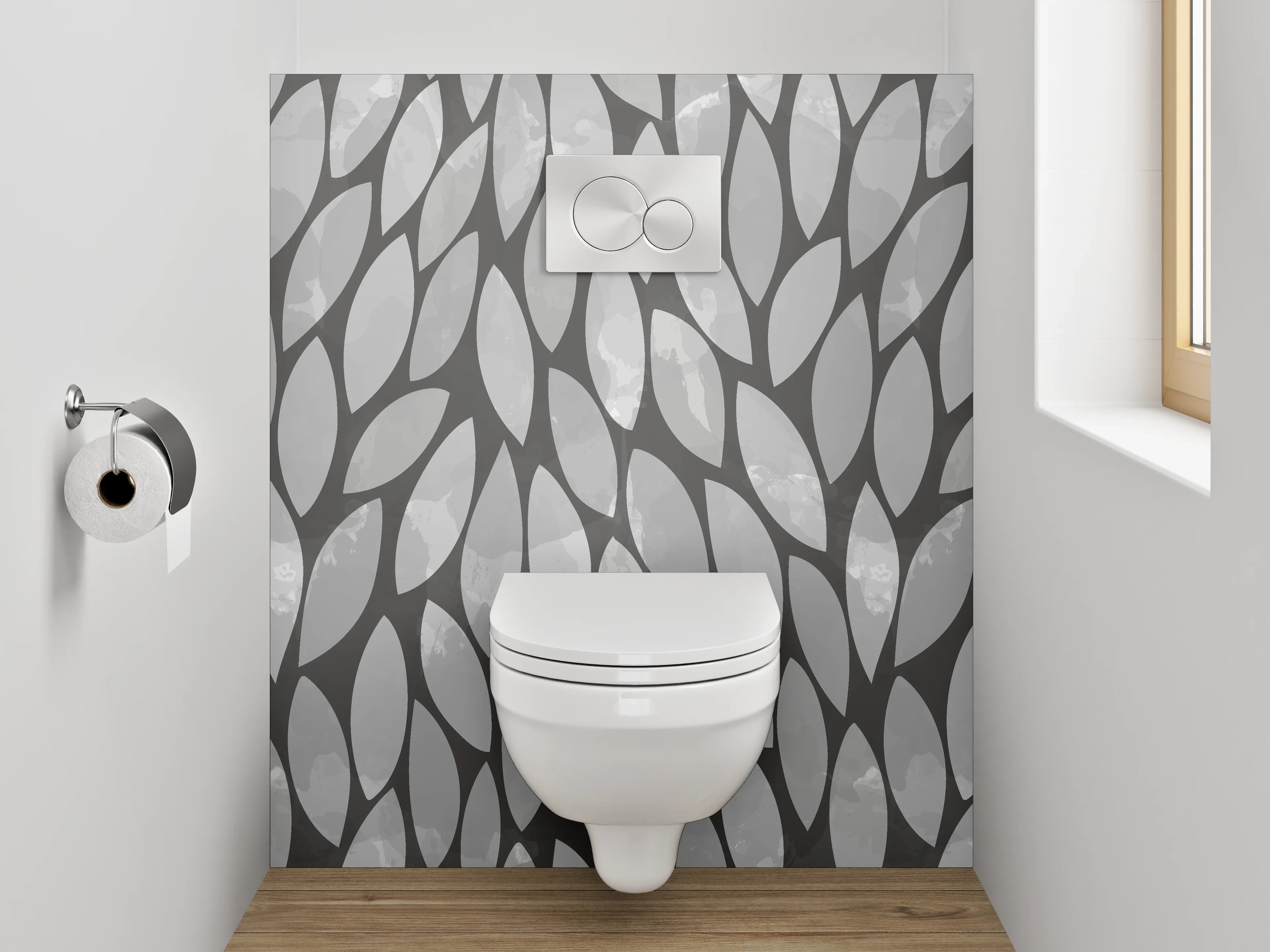 WC-Rückwand - Modernes Blattmuster Grau Weiß