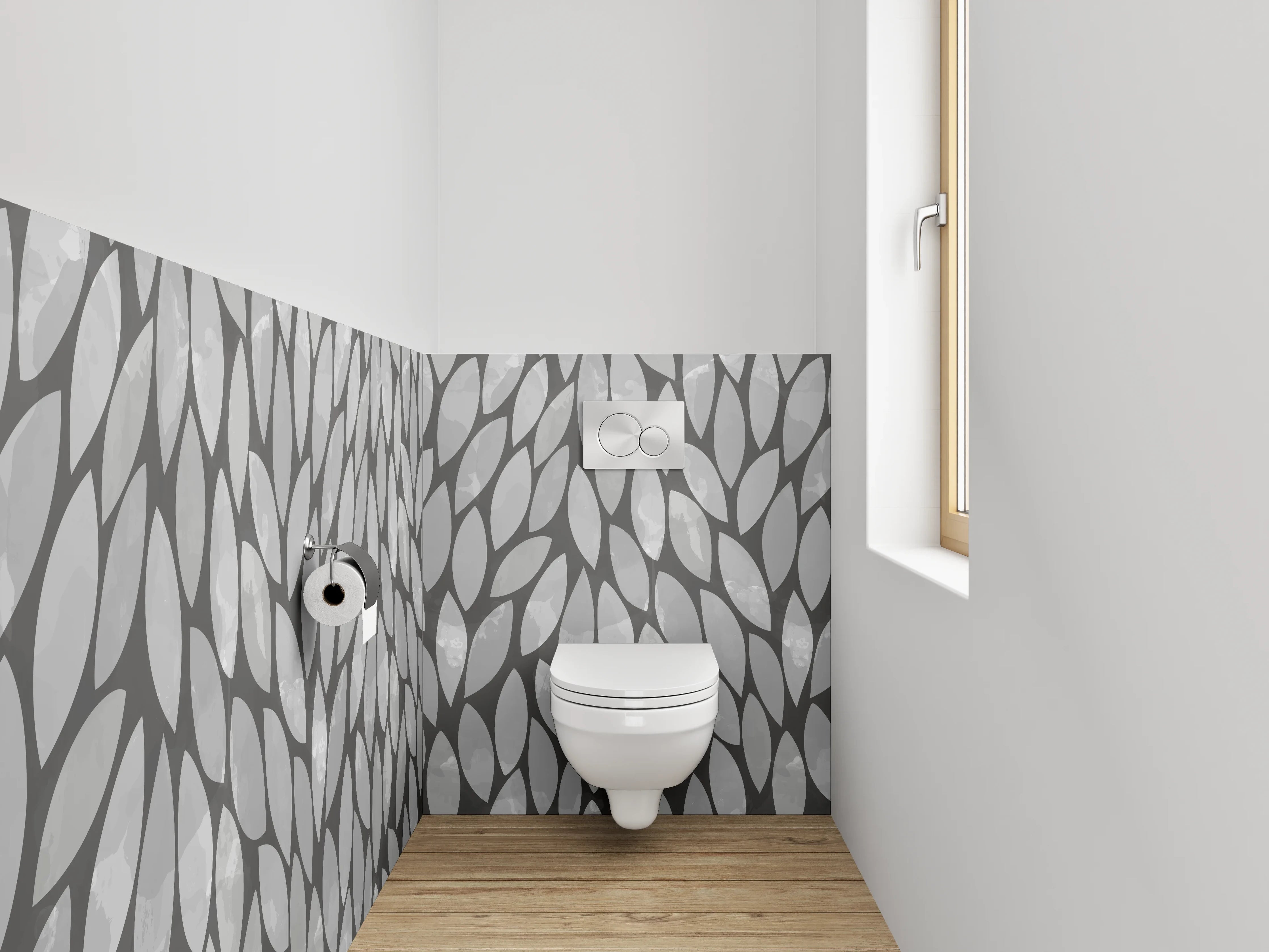 WC-Rückwand - Modernes Blattmuster Grau Weiß