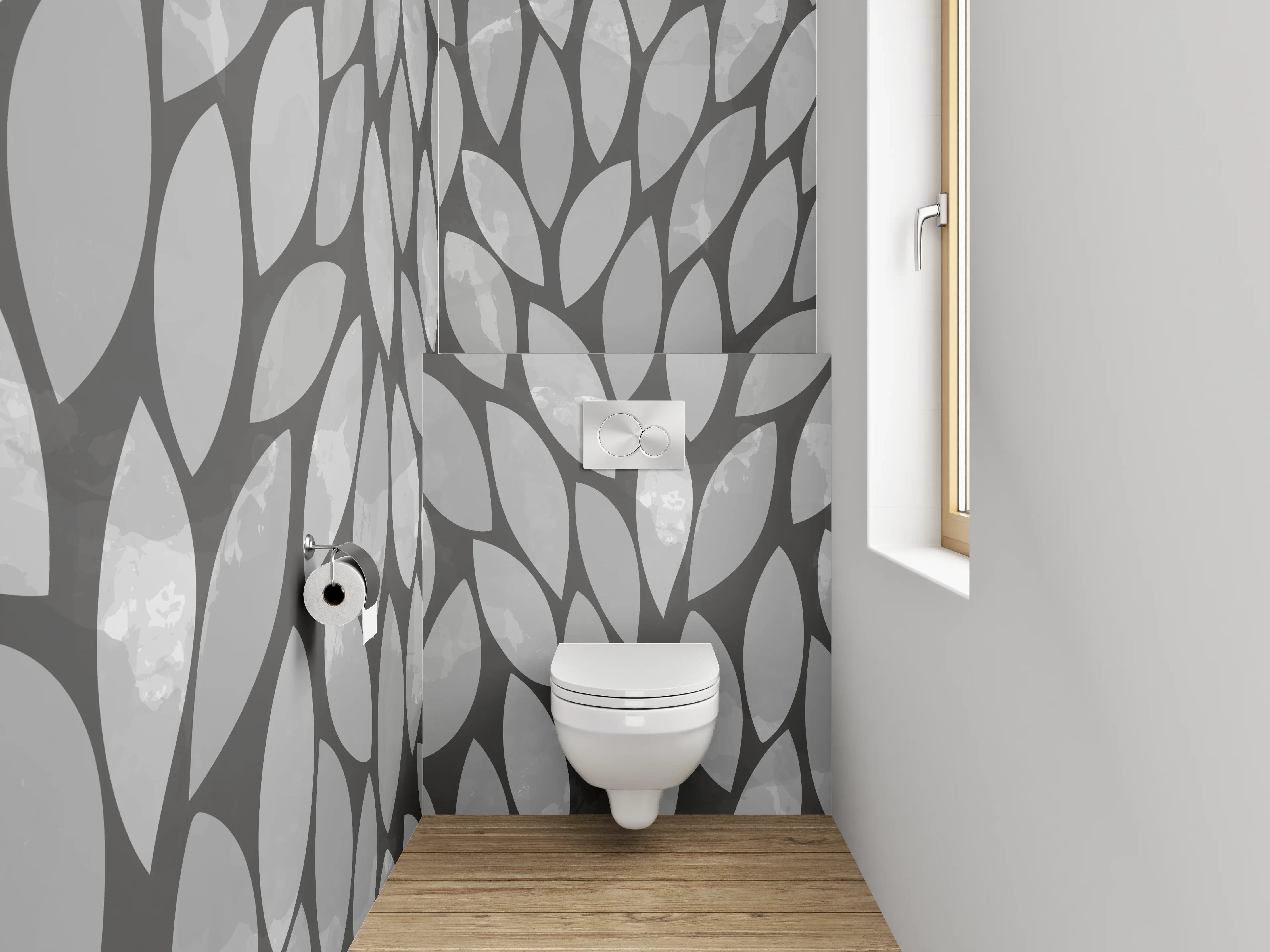 WC-Rückwand - Modernes Blattmuster Grau Weiß
