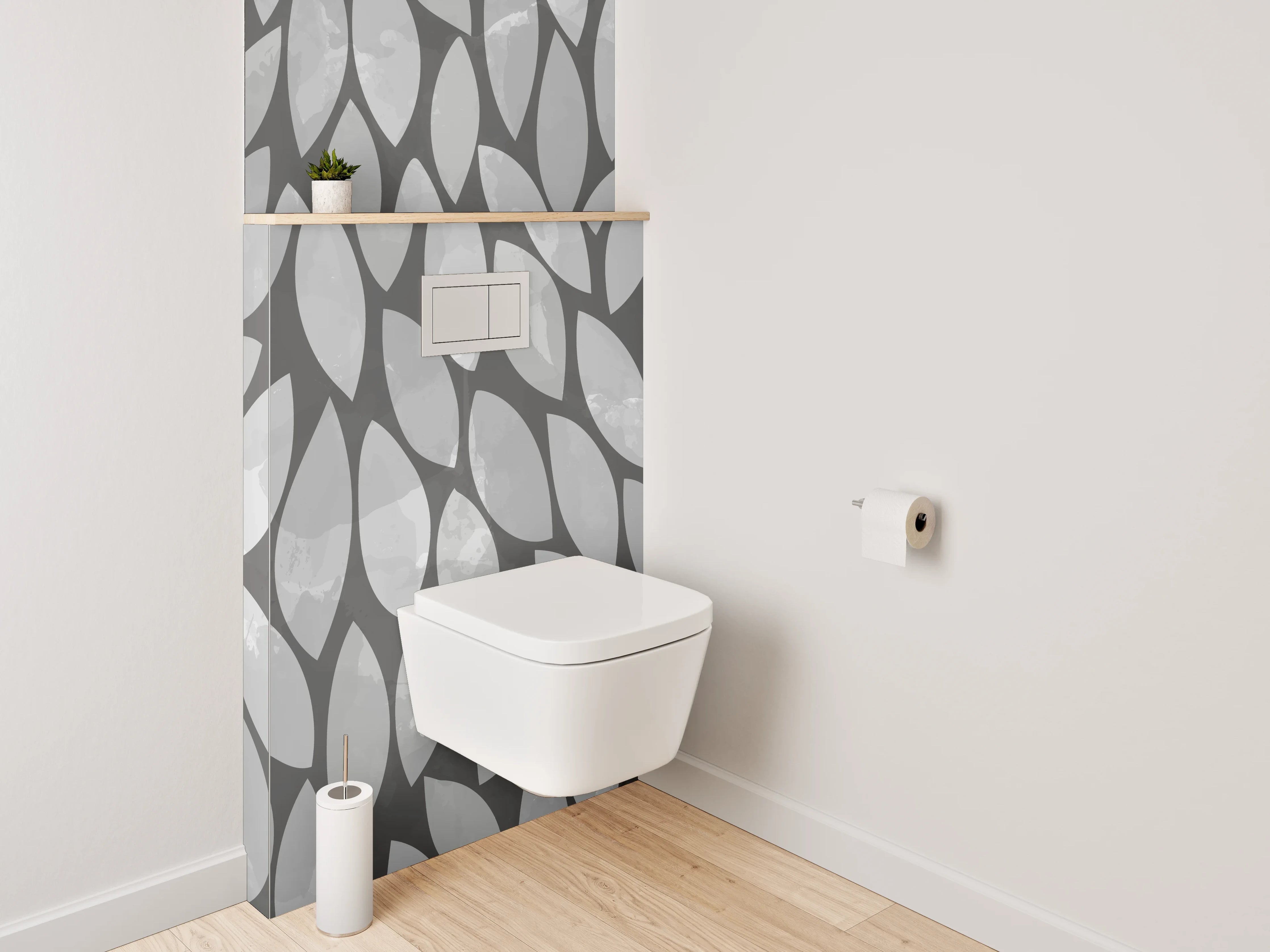 WC-Rückwand - Modernes Blattmuster Grau Weiß