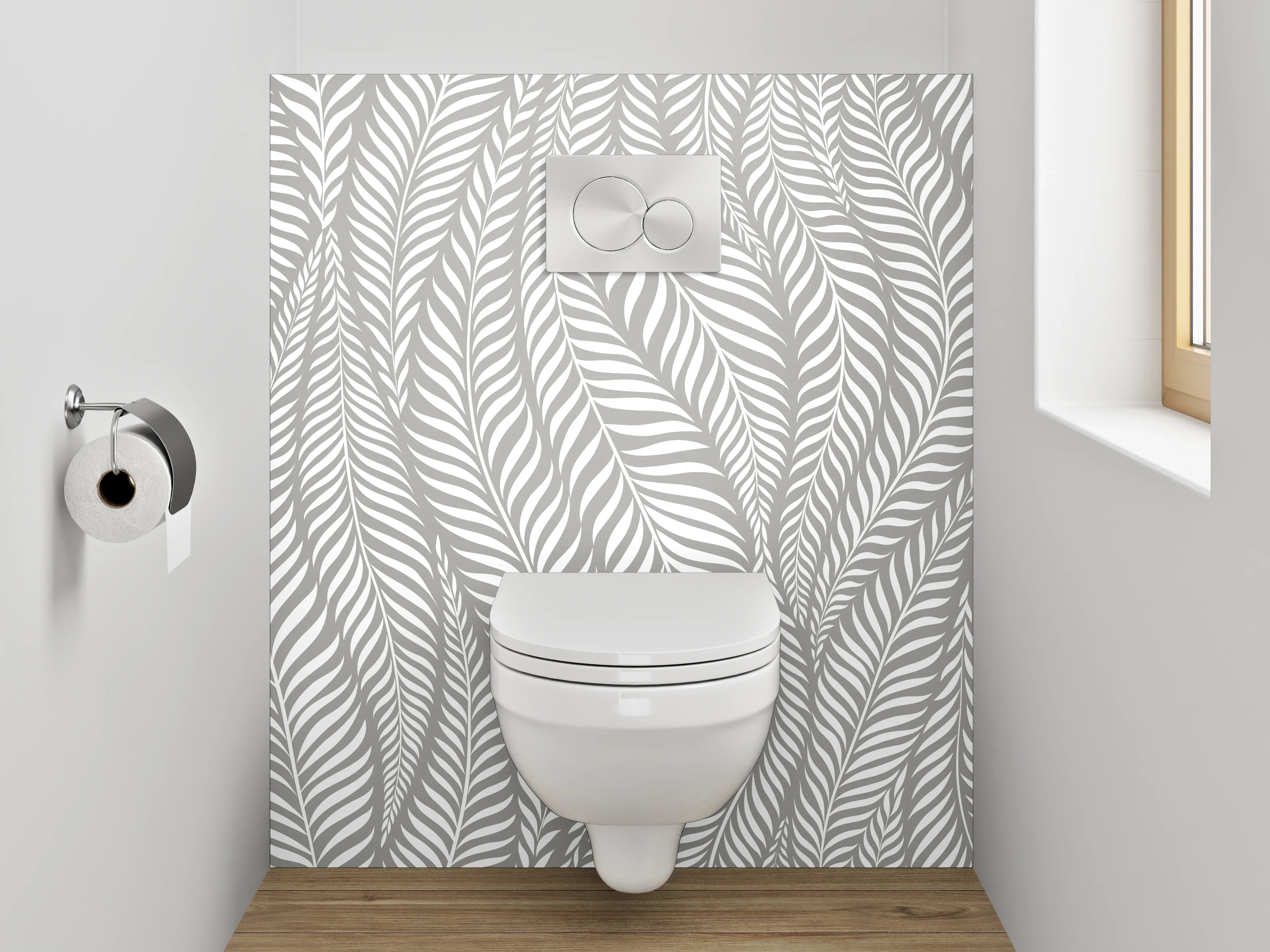 WC-Rückwand - Modernes Blattmuster in Grau und Weiß