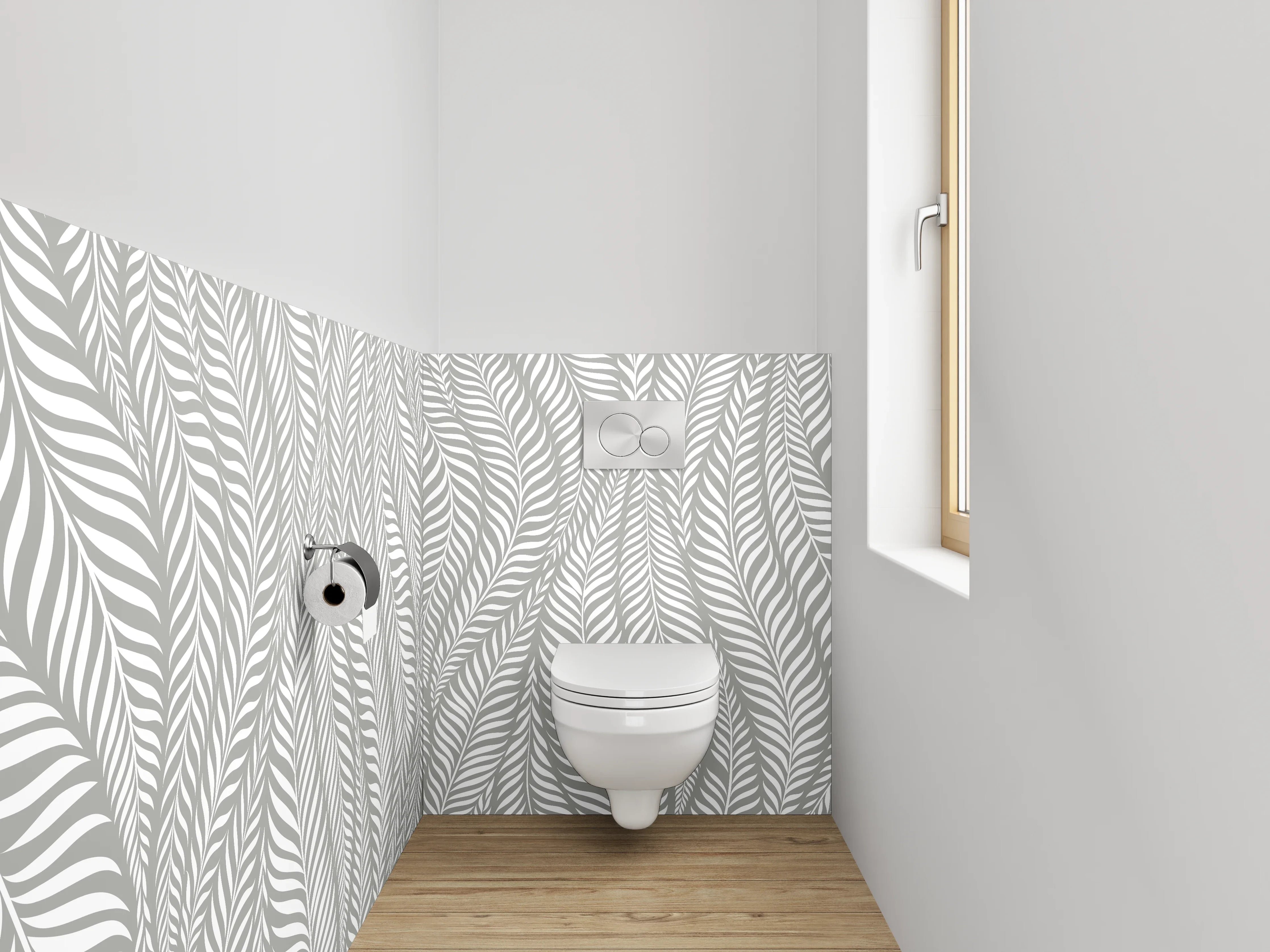 WC-Rückwand - Modernes Blattmuster in Grau und Weiß