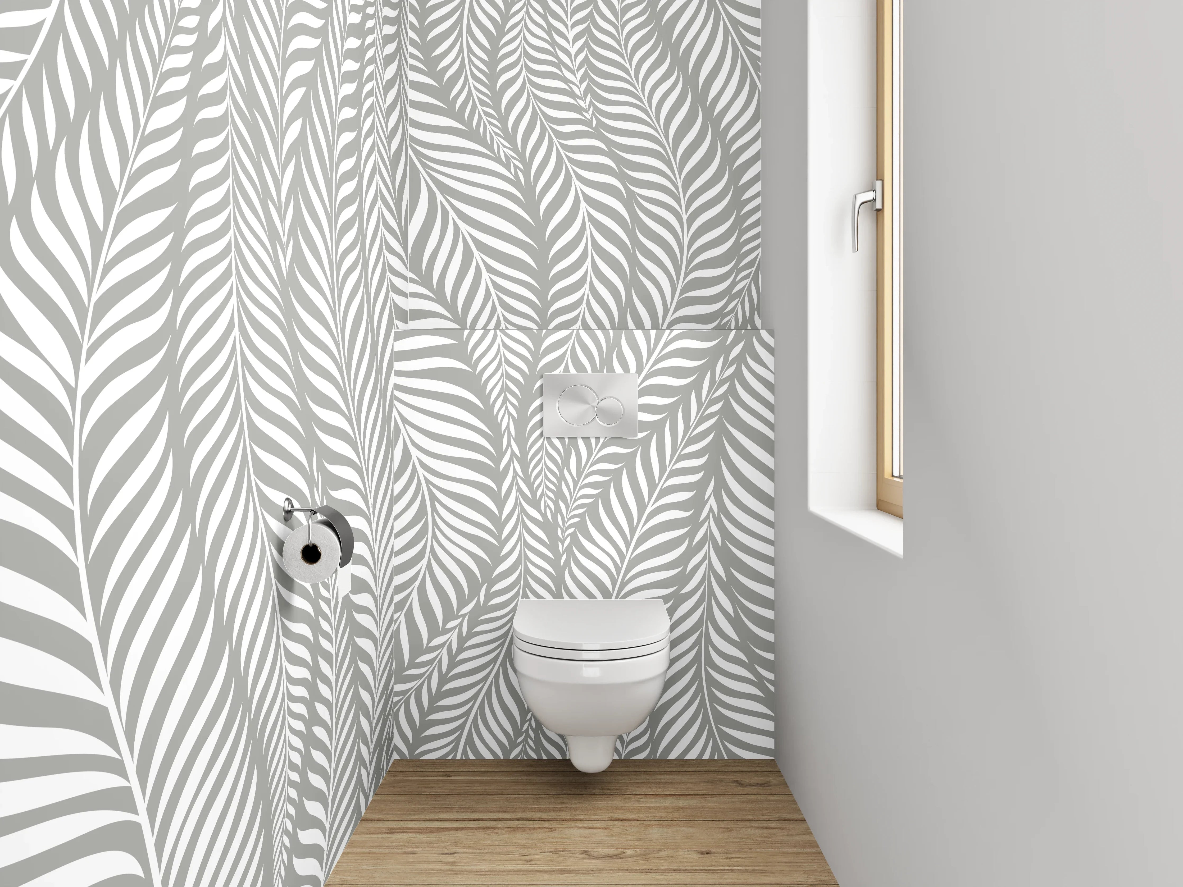 WC-Rückwand - Modernes Blattmuster in Grau und Weiß