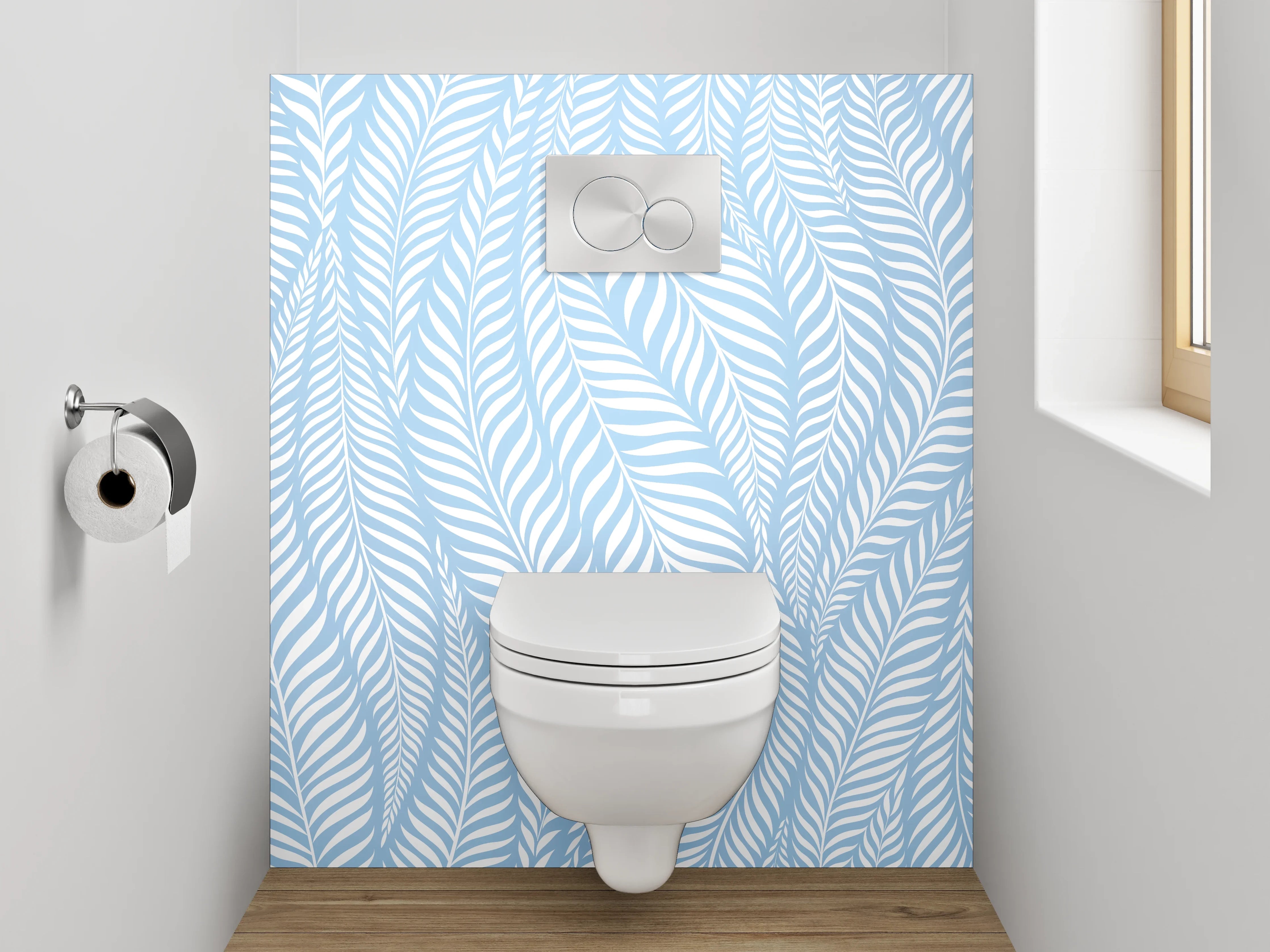 WC-Rückwand - Modernes Blattmuster in Hellblau Weiß