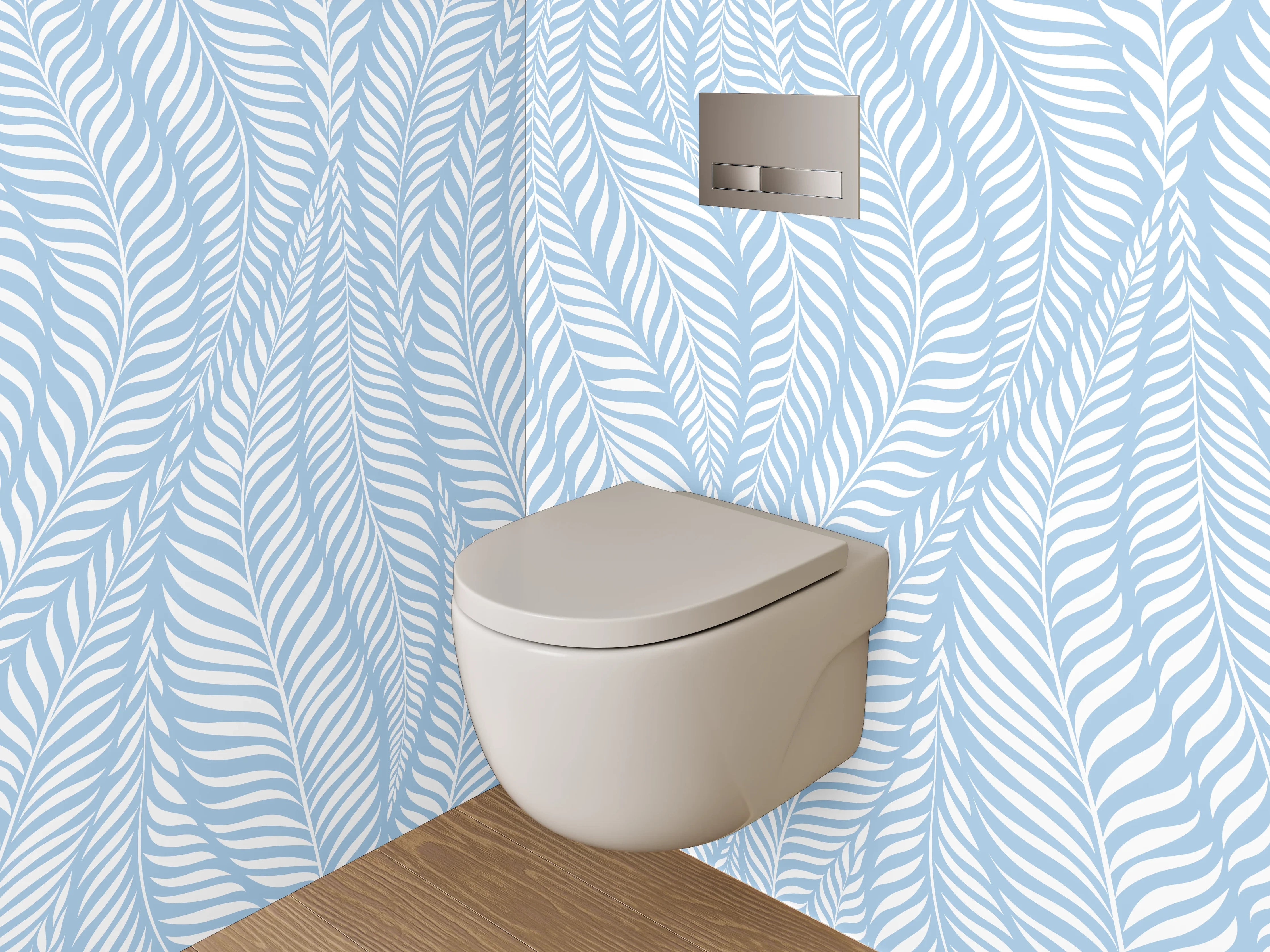WC-Rückwand - Modernes Blattmuster in Hellblau Weiß
