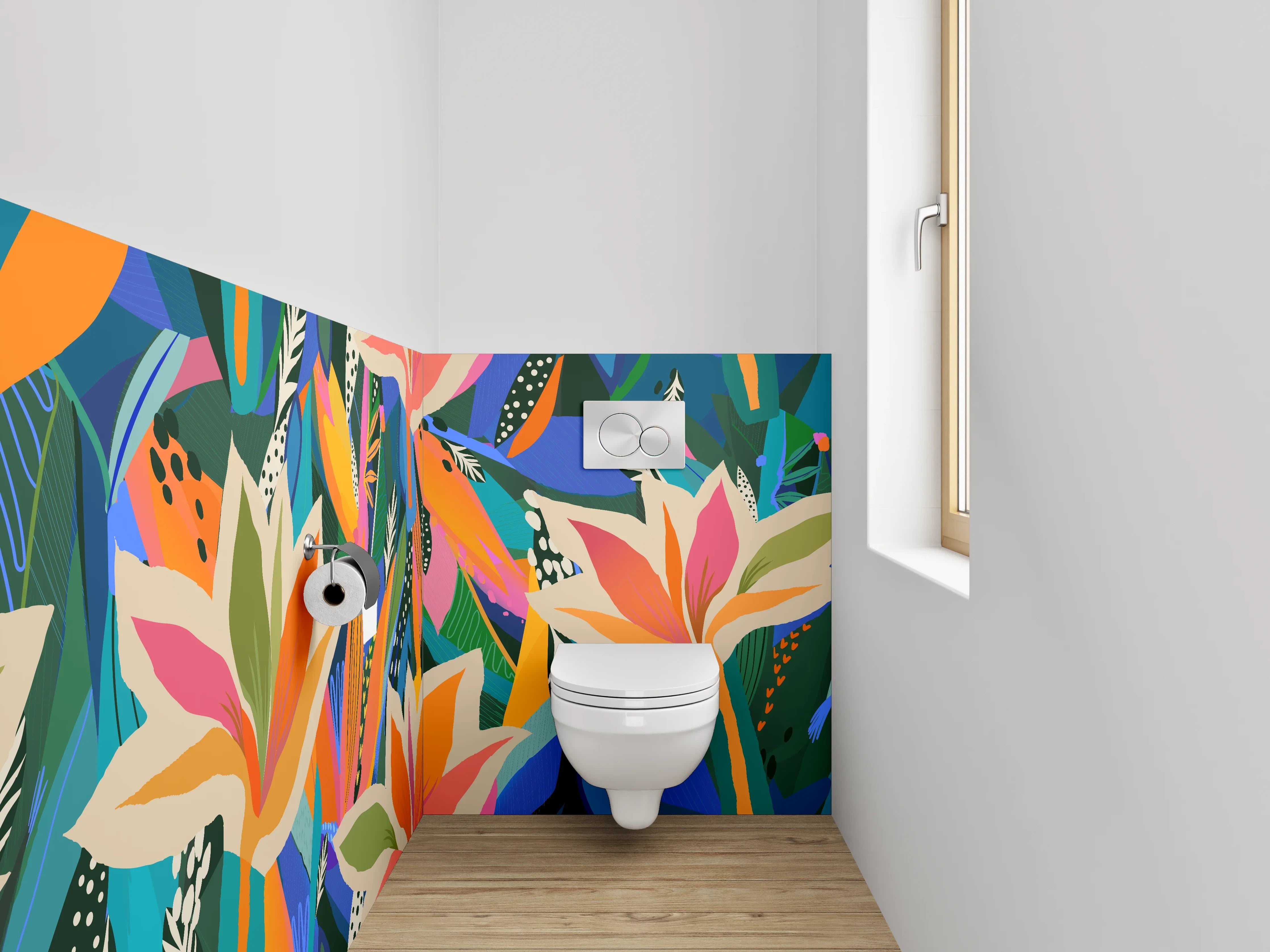 WC-Rückwand - Modernes Blumen-Abstract in kräftigen Farben