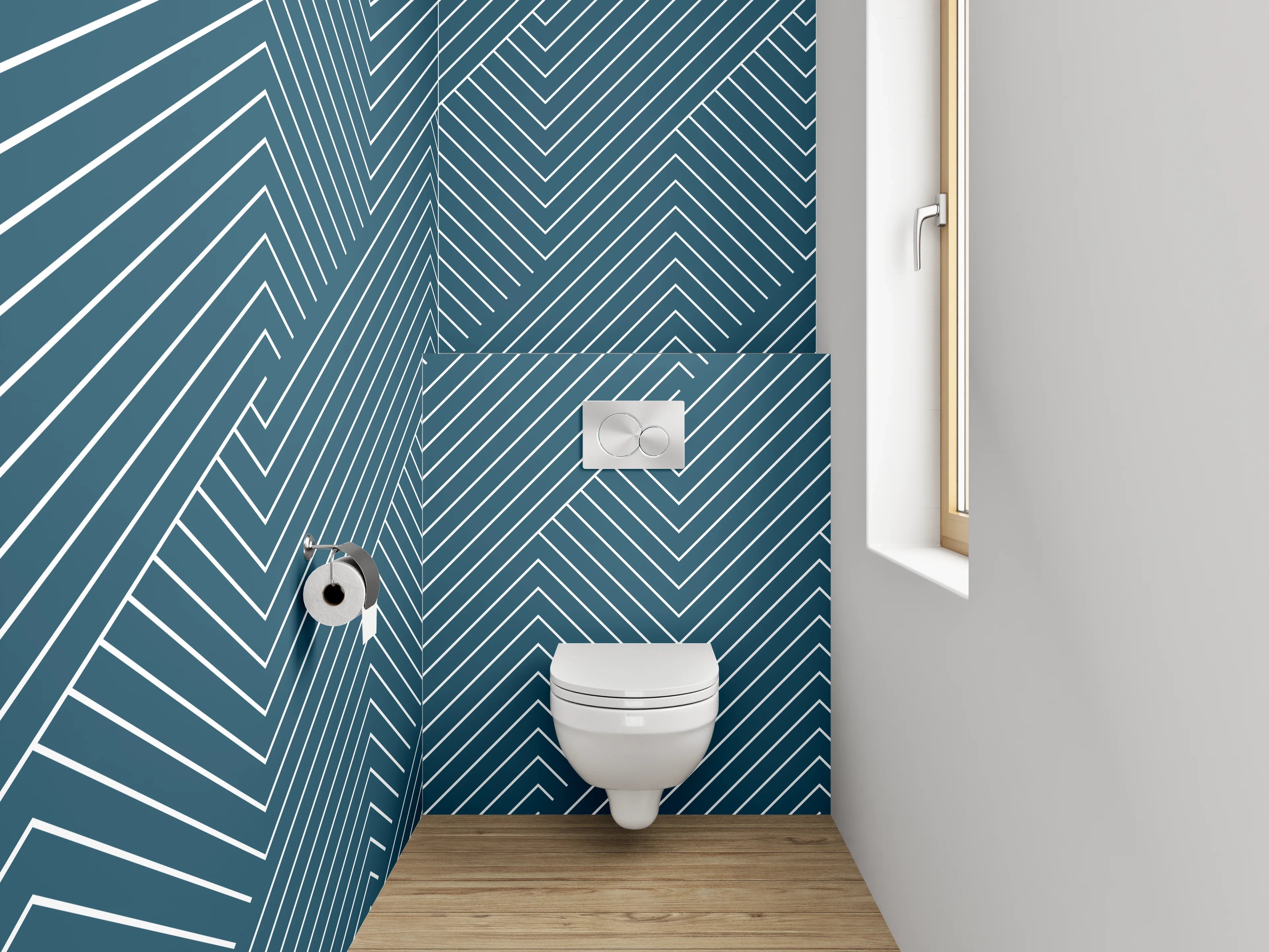 WC-Rückwand - Modernes Chevron-Linienmuster Blau Weiß