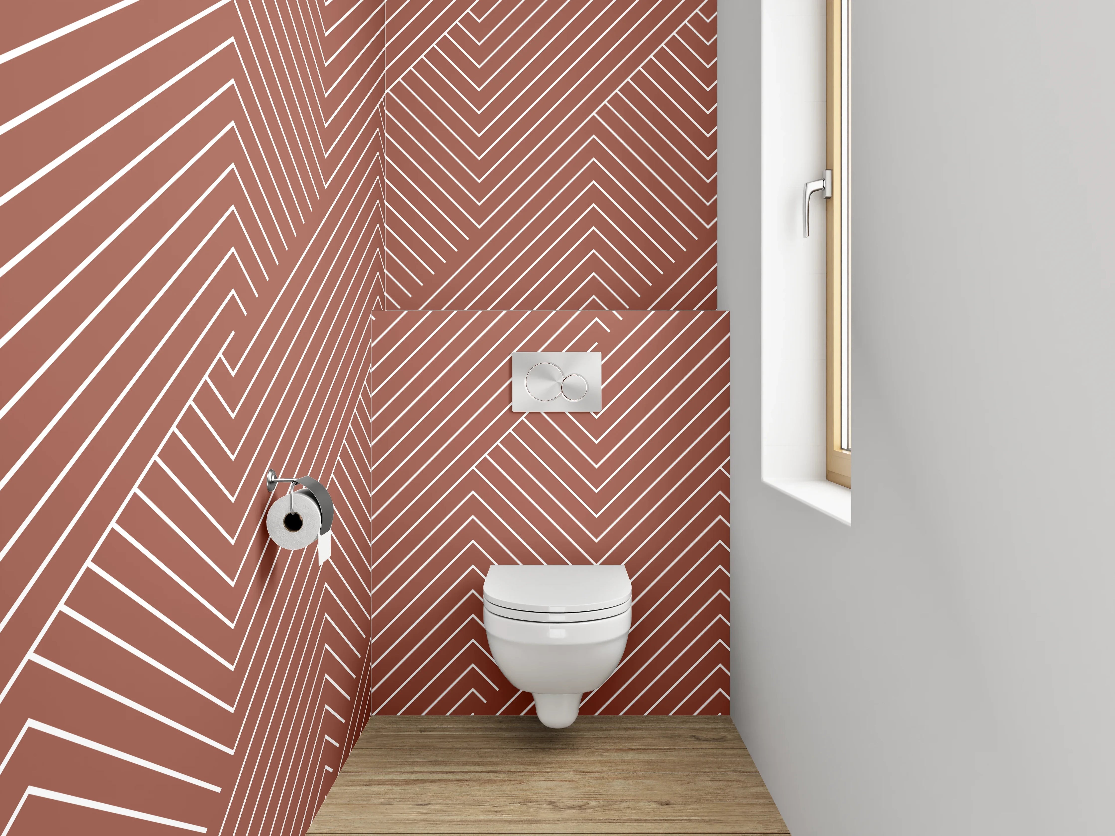 WC-Rückwand - Modernes Chevron-Linienmuster Braun Weiß