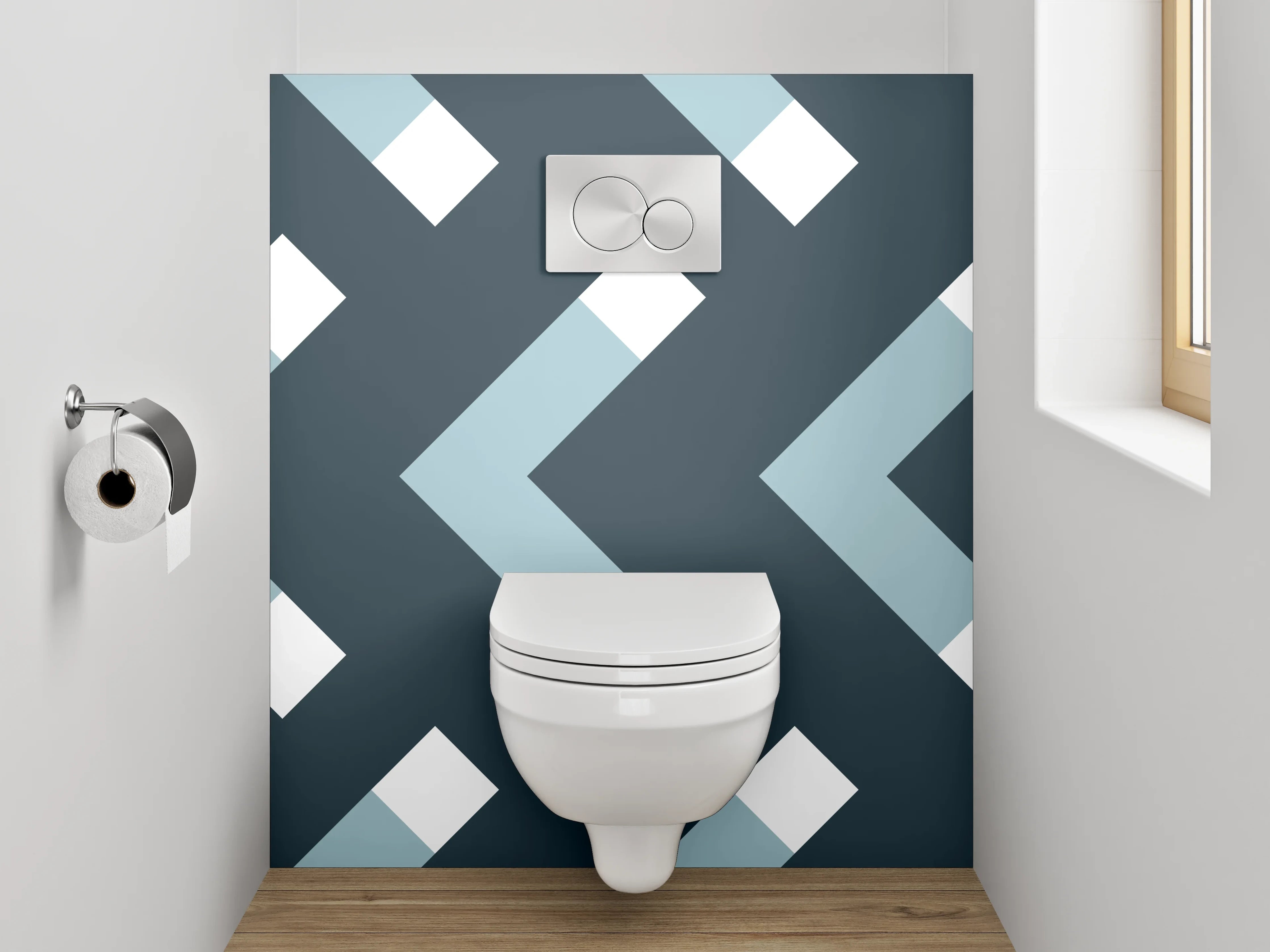 WC-Rückwand - Modernes Chevron-Muster Grau Weiß Blau