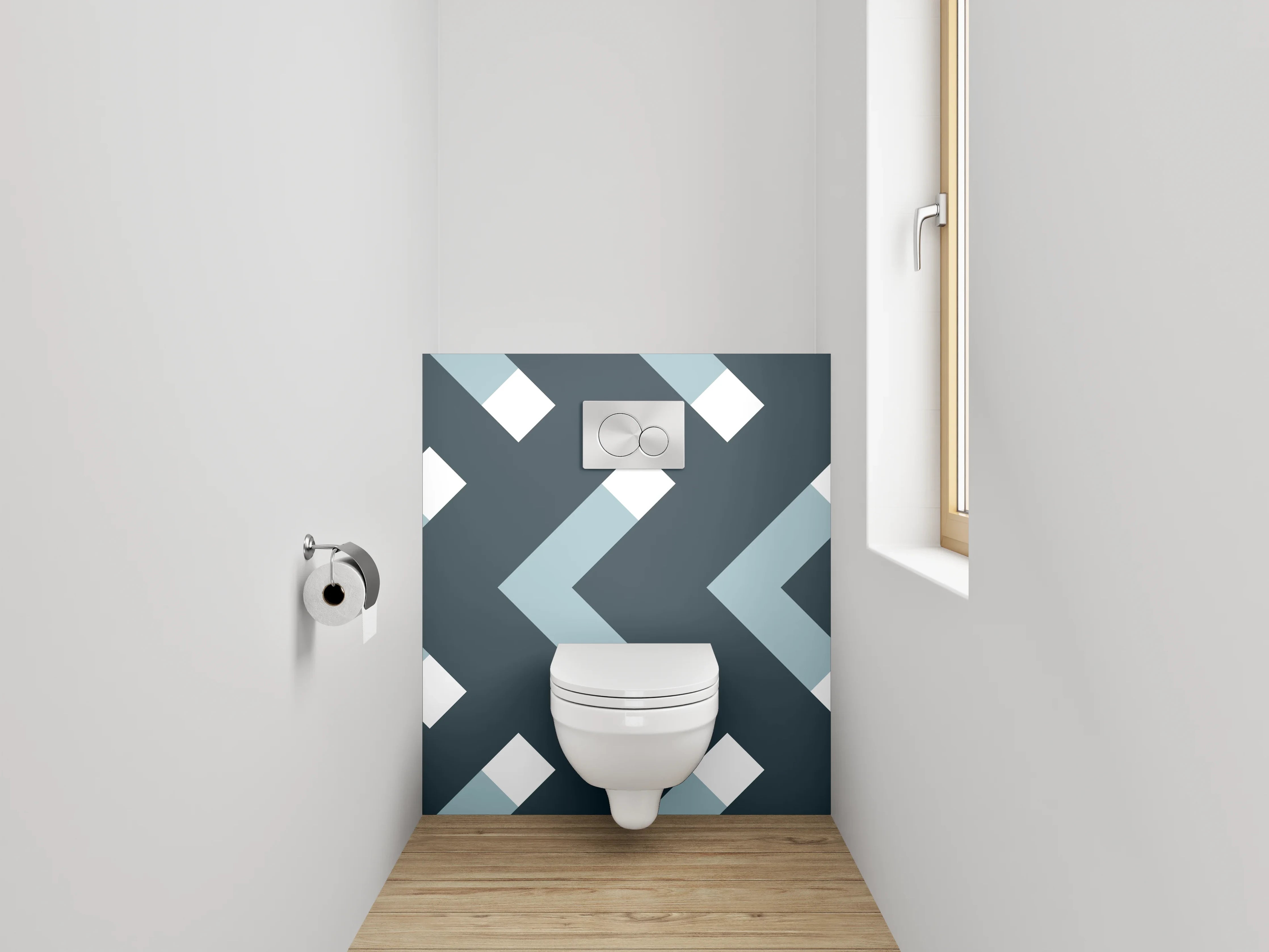 WC-Rückwand - Modernes Chevron-Muster Grau Weiß Blau