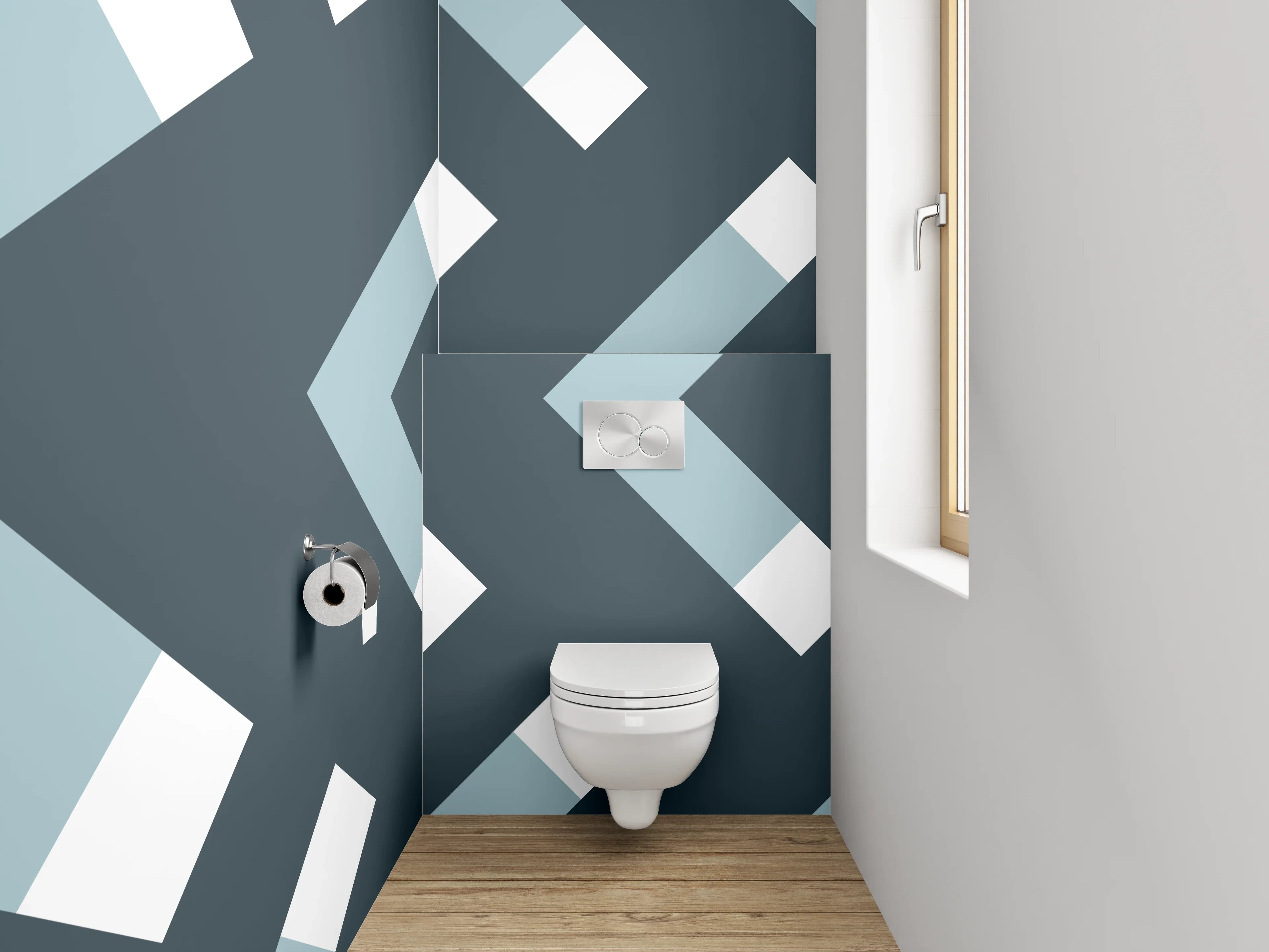 WC-Rückwand - Modernes Chevron-Muster Grau Weiß Blau