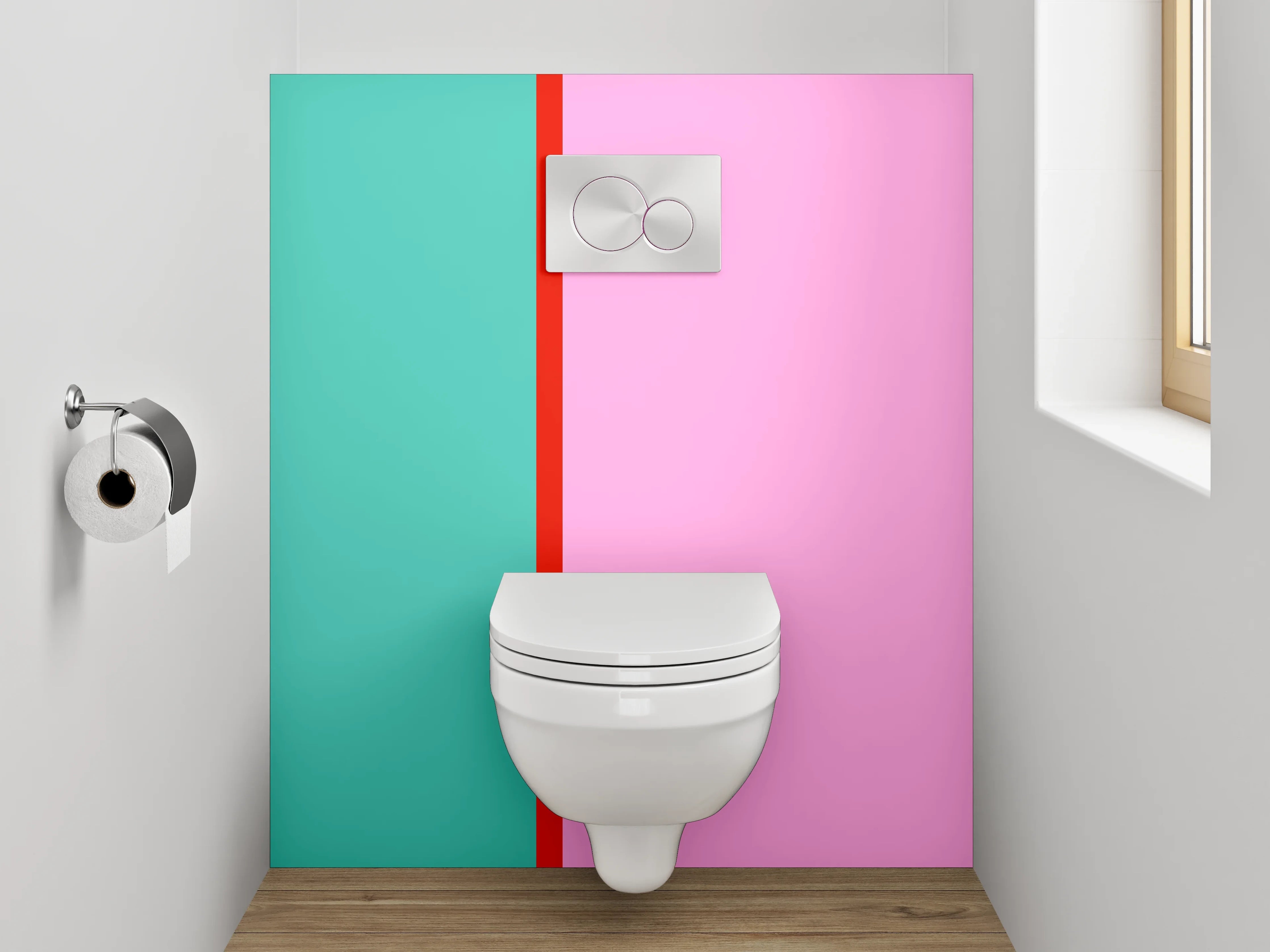 WC-Rückwand - Modernes Farbstreifen-Duo – Pink & Türkis