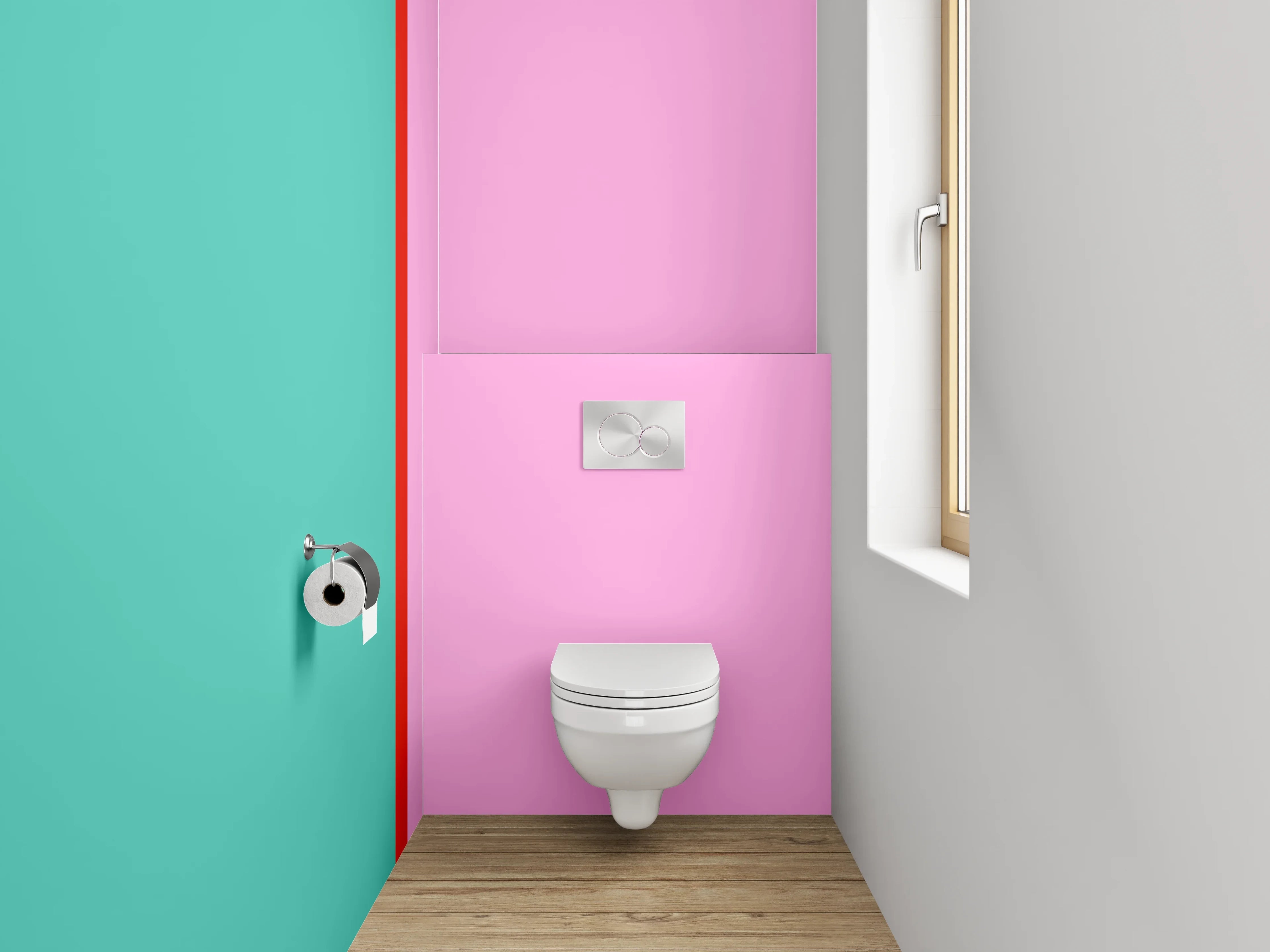WC-Rückwand - Modernes Farbstreifen-Duo – Pink & Türkis