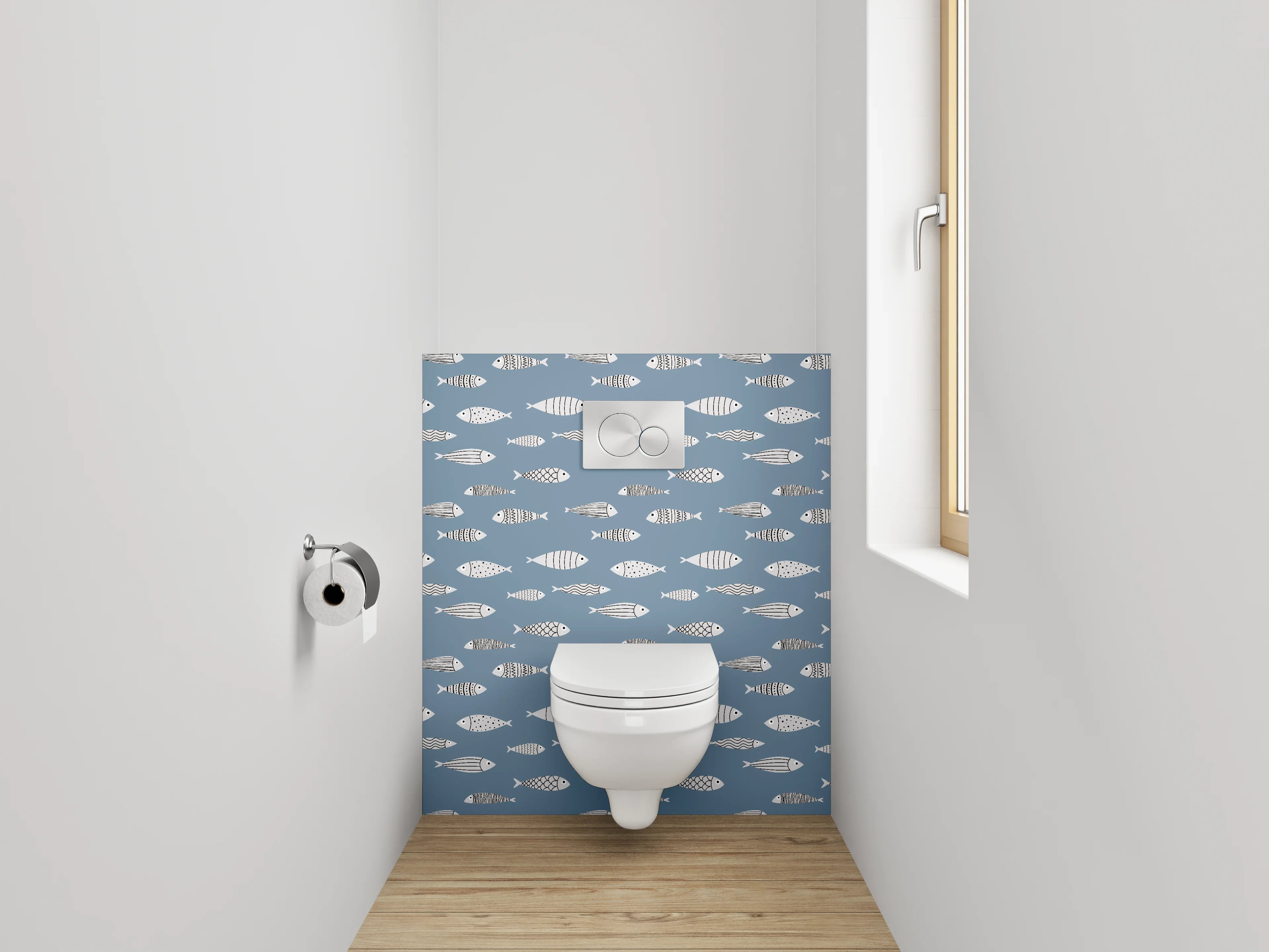 WC-Rückwand - Modernes Fischmuster auf Blau