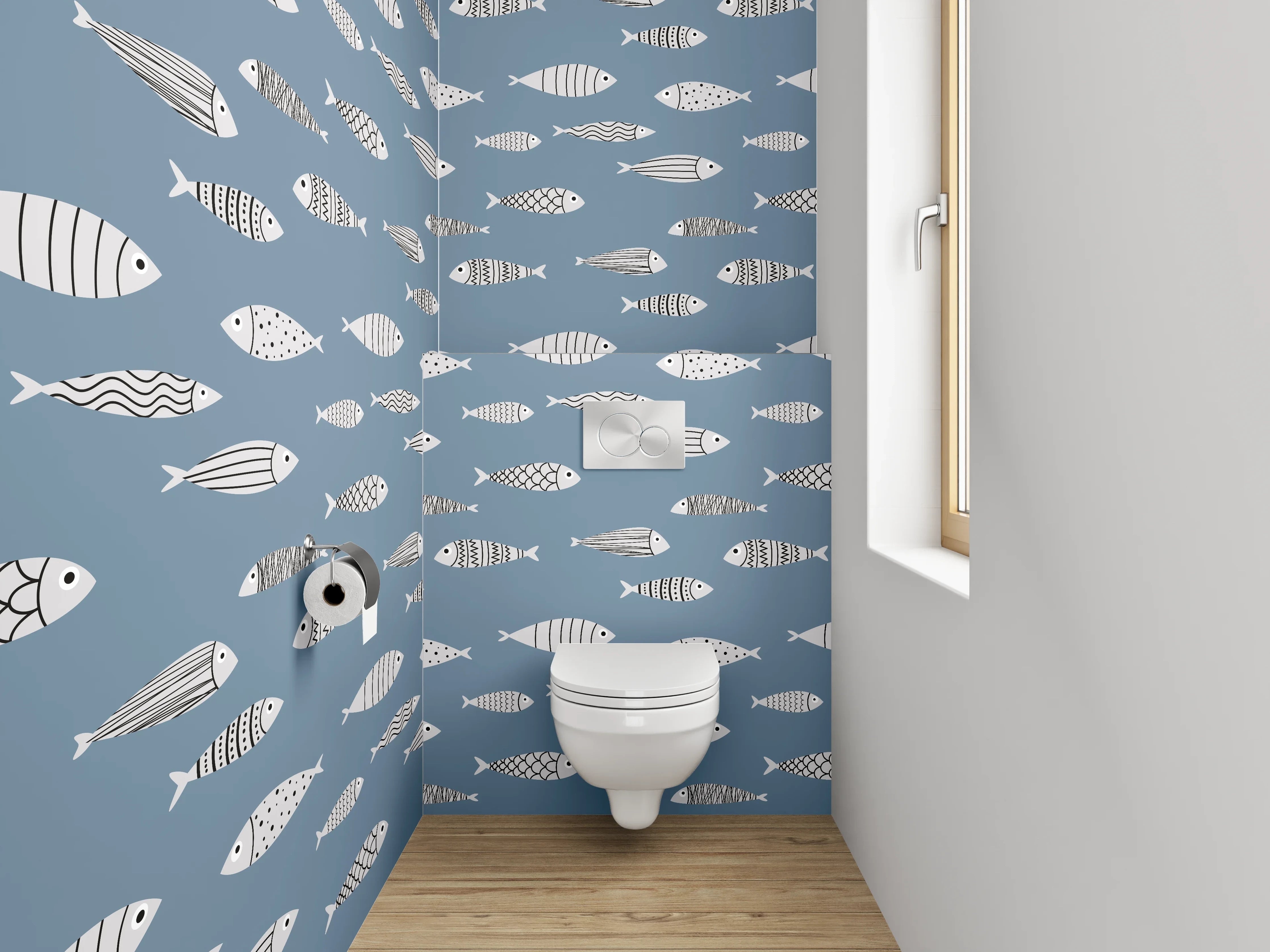 WC-Rückwand - Modernes Fischmuster auf Blau