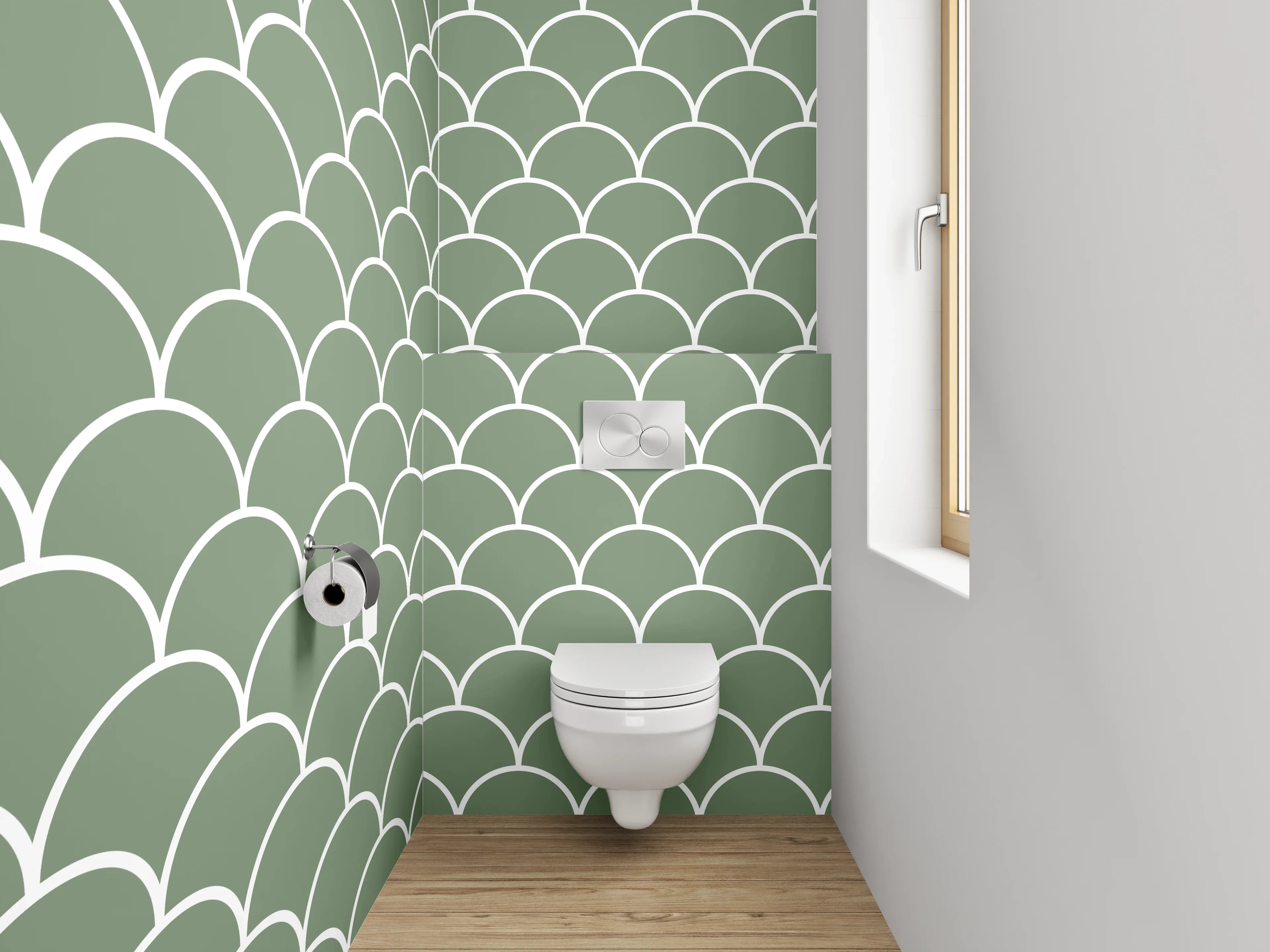 WC-Rückwand - Modernes Fischschuppen-Muster Grün Weiß