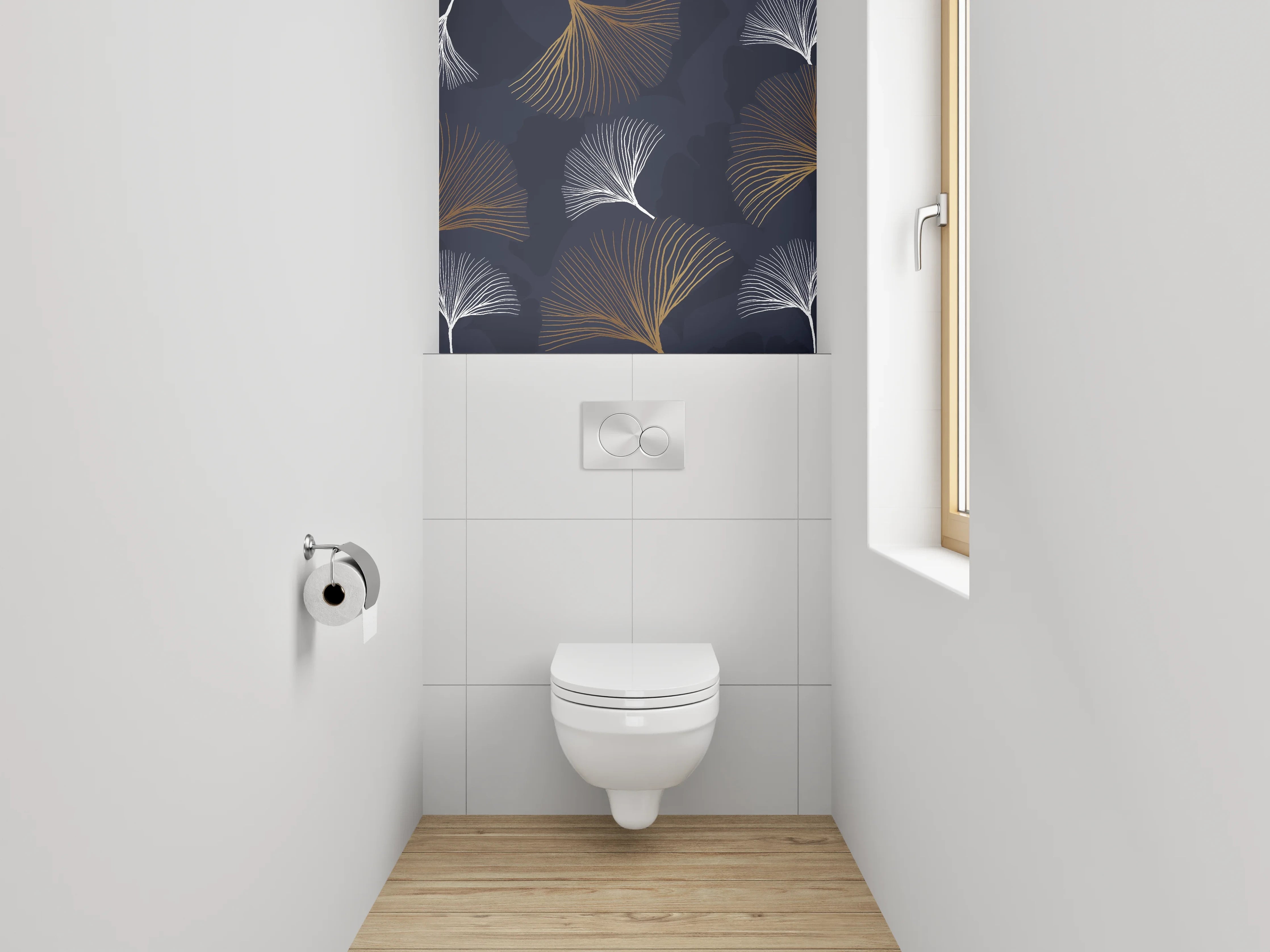 WC-Rückwand - Modernes Ginkgo-Blatt Muster Dunkelblau-Gold