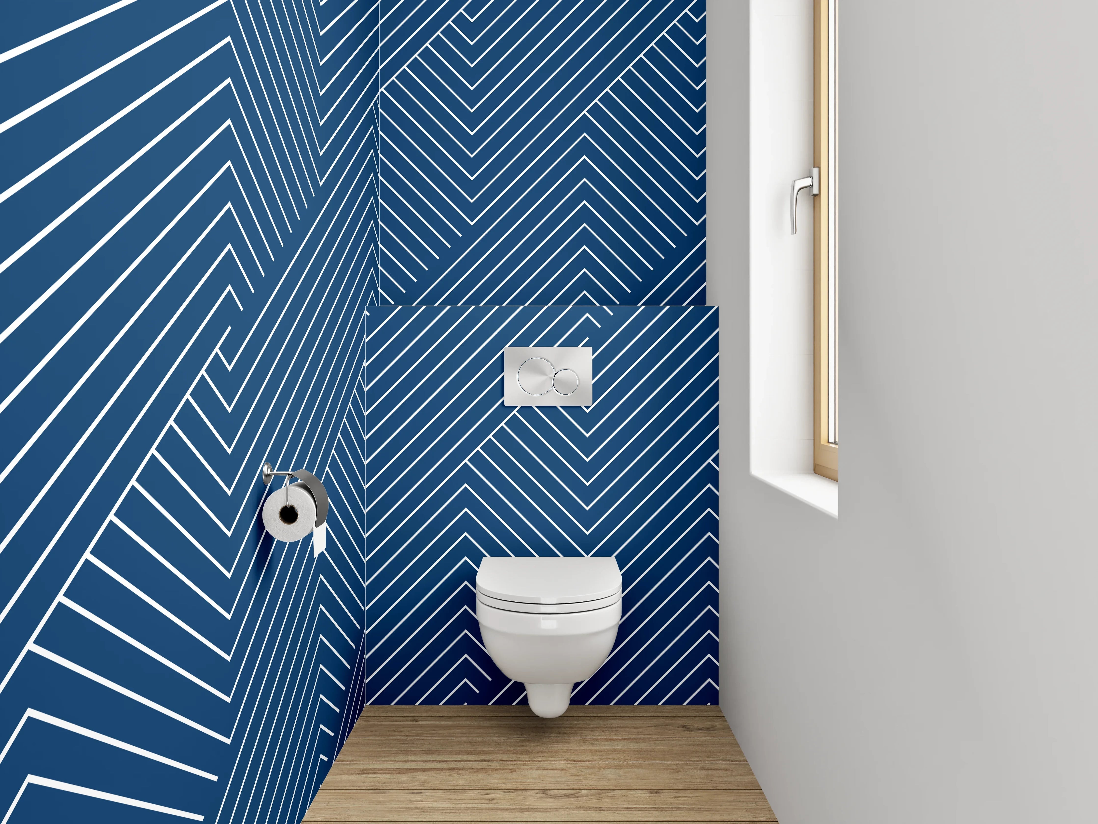 WC-Rückwand - Modernes Lineart-Muster in Blau-Weiß