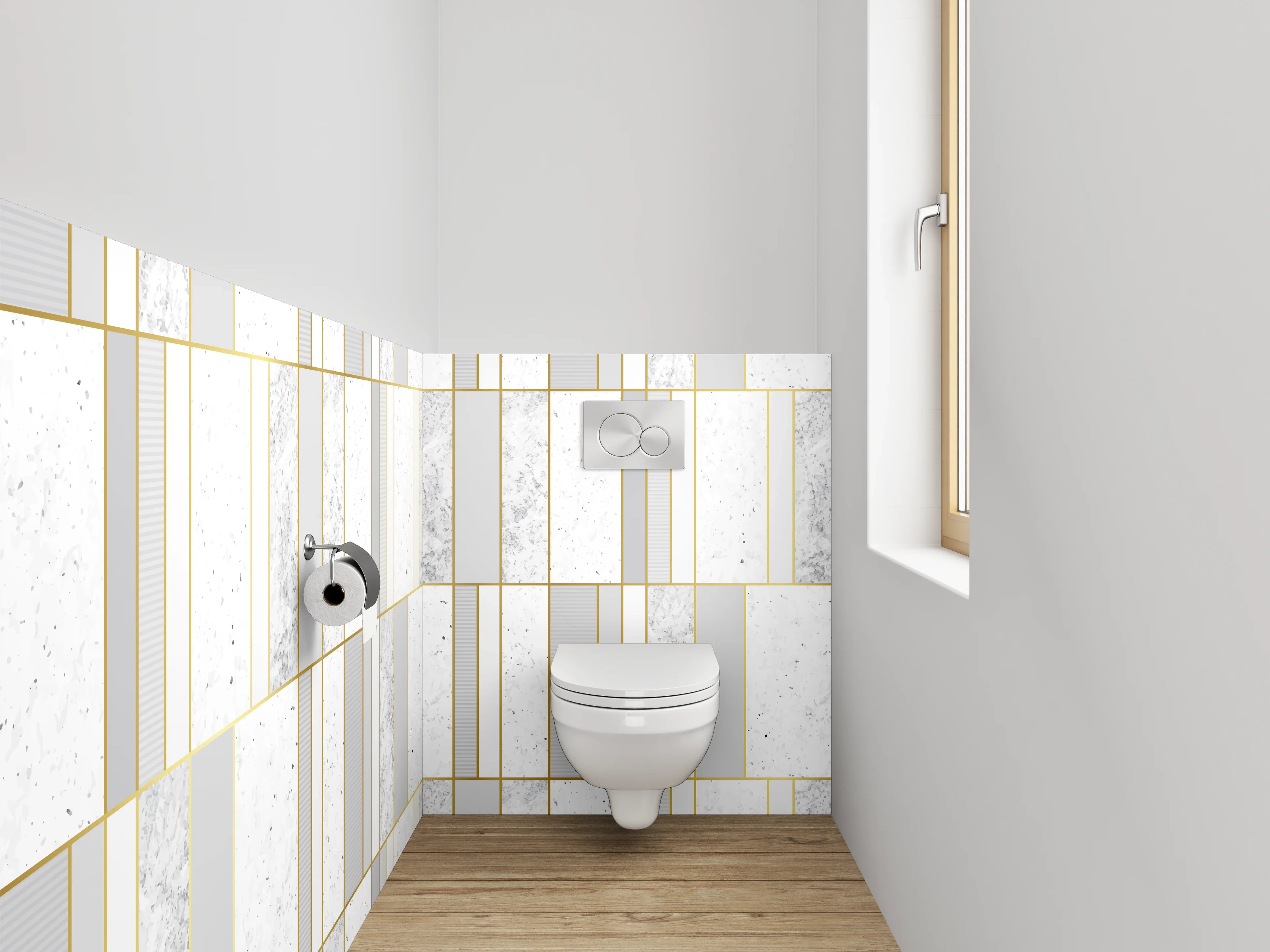 WC-Rückwand - Modernes Marmor-Gold Fliesenmuster Weiß Grau