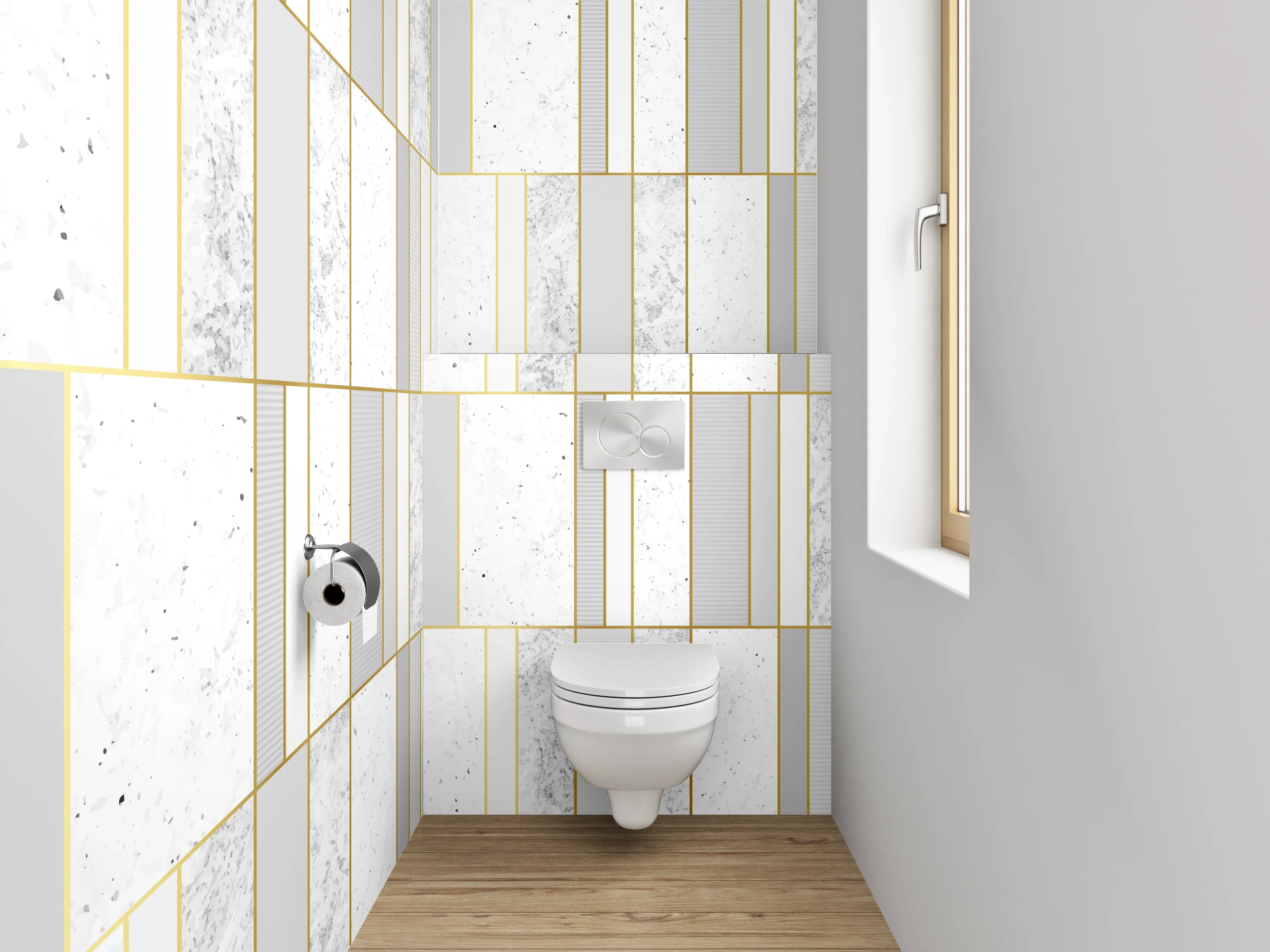 WC-Rückwand - Modernes Marmor-Gold Fliesenmuster Weiß Grau