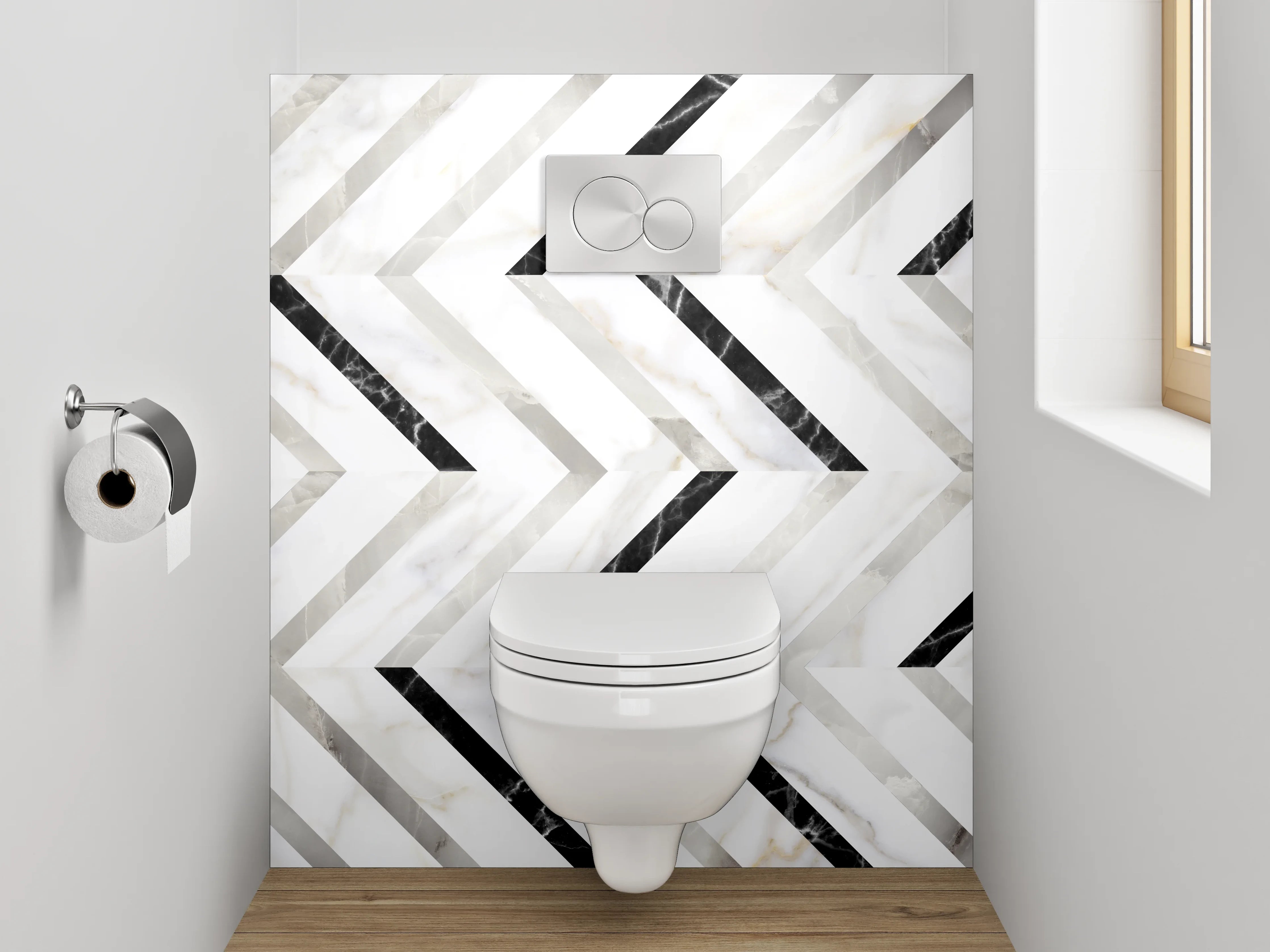 WC-Rückwand - Modernes Marmor-Zickzack in Weiß und Grau