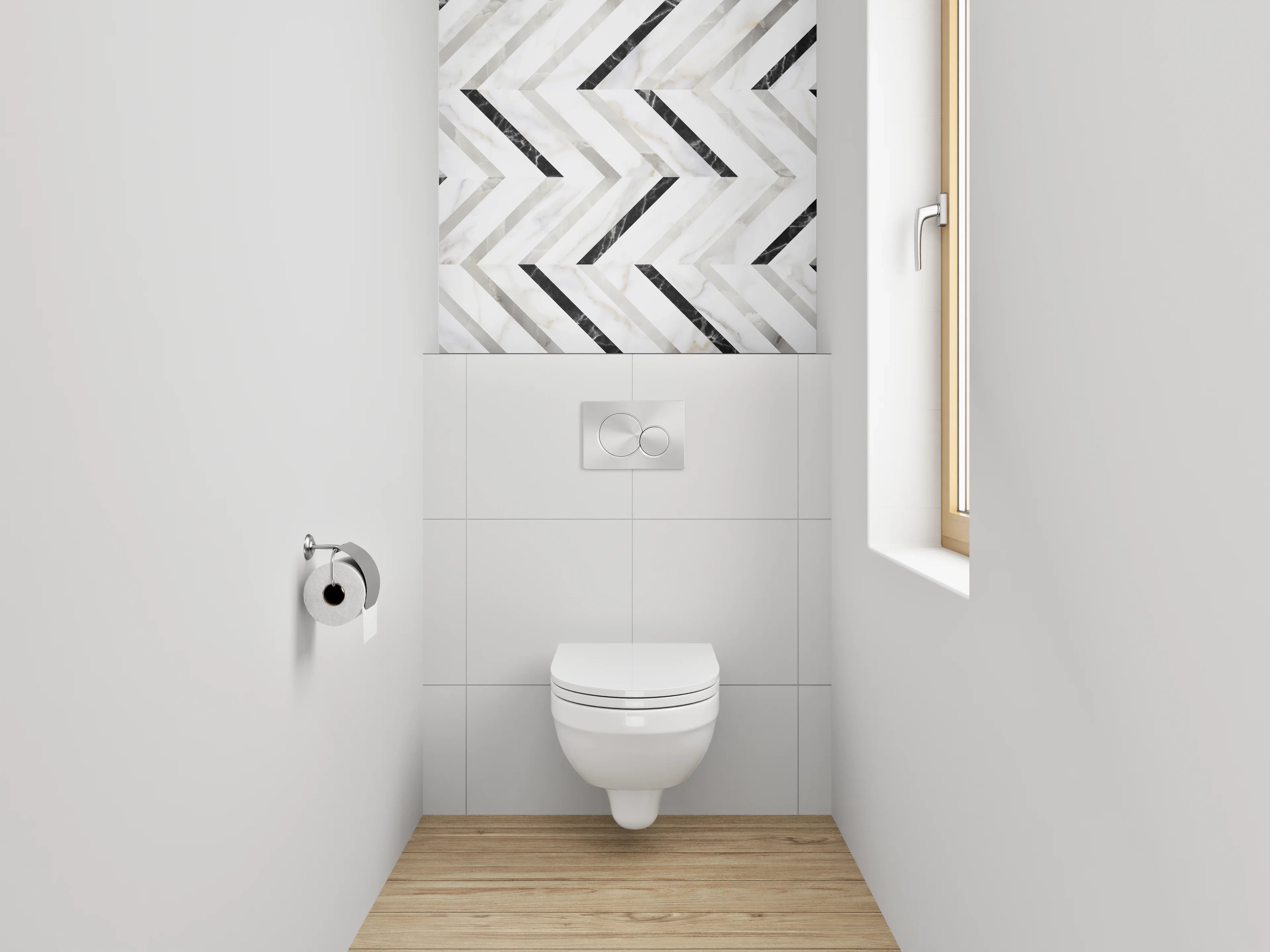 WC-Rückwand - Modernes Marmor-Zickzack in Weiß und Grau