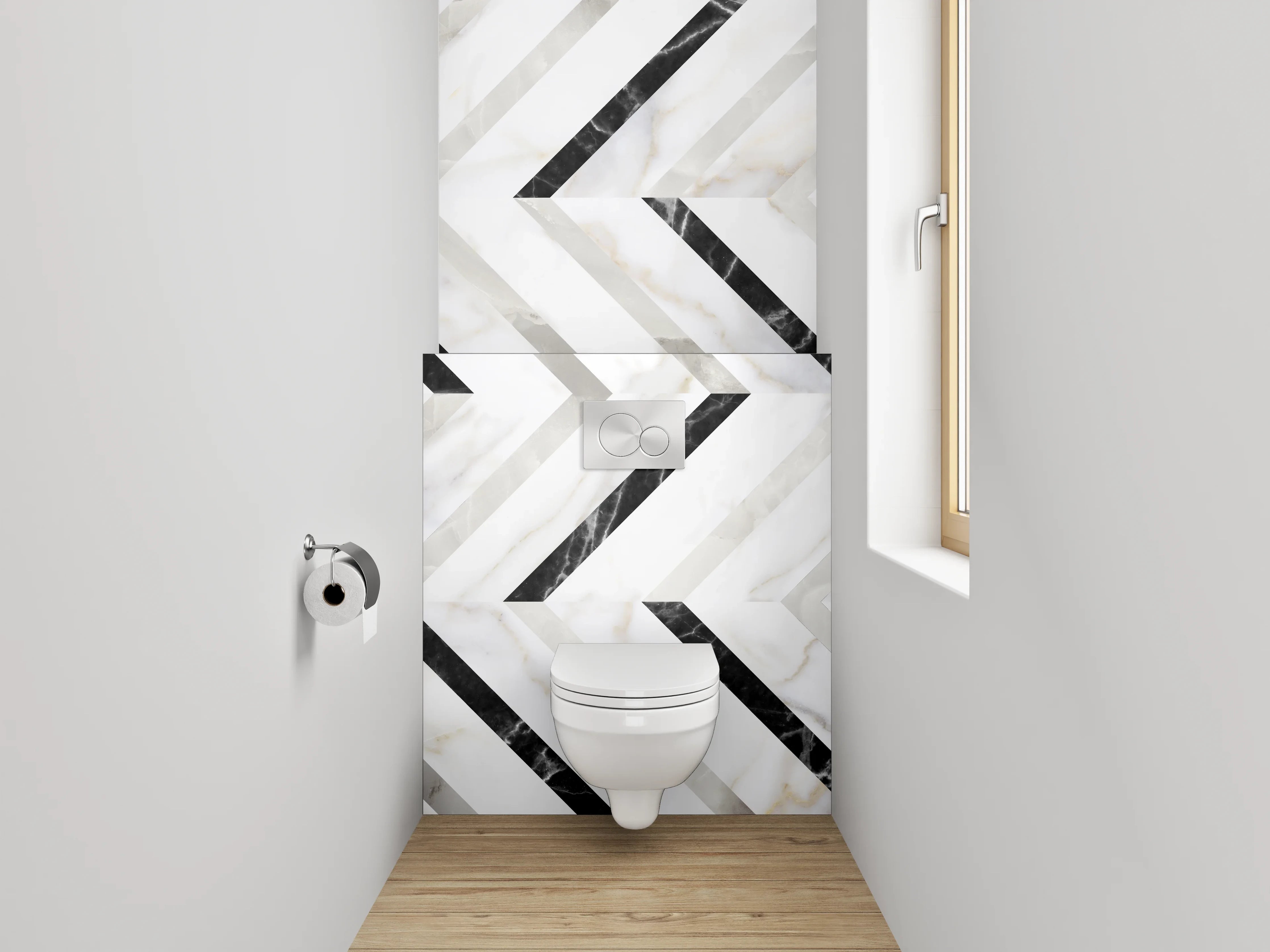 WC-Rückwand - Modernes Marmor-Zickzack in Weiß und Grau