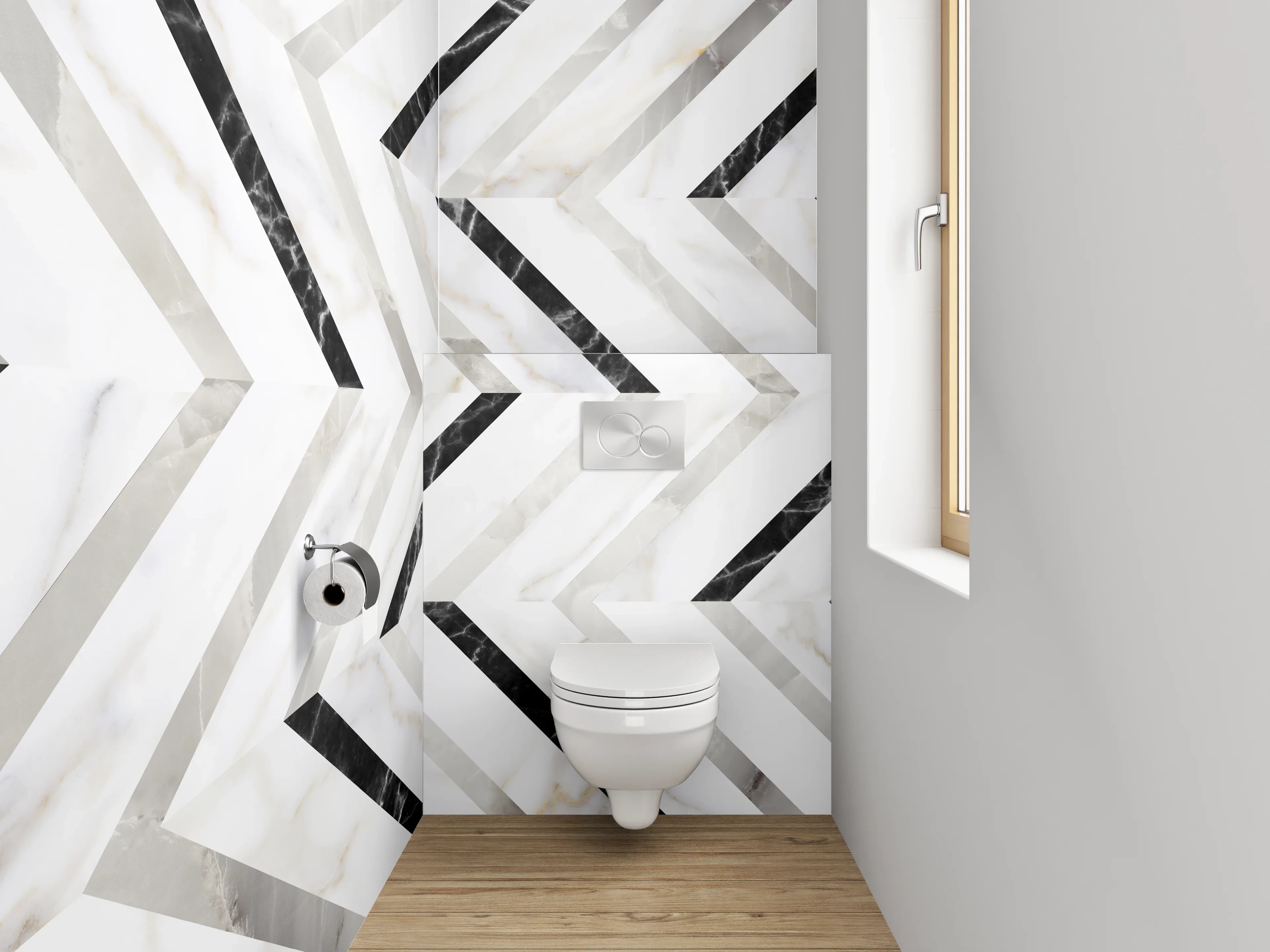 WC-Rückwand - Modernes Marmor-Zickzack in Weiß und Grau