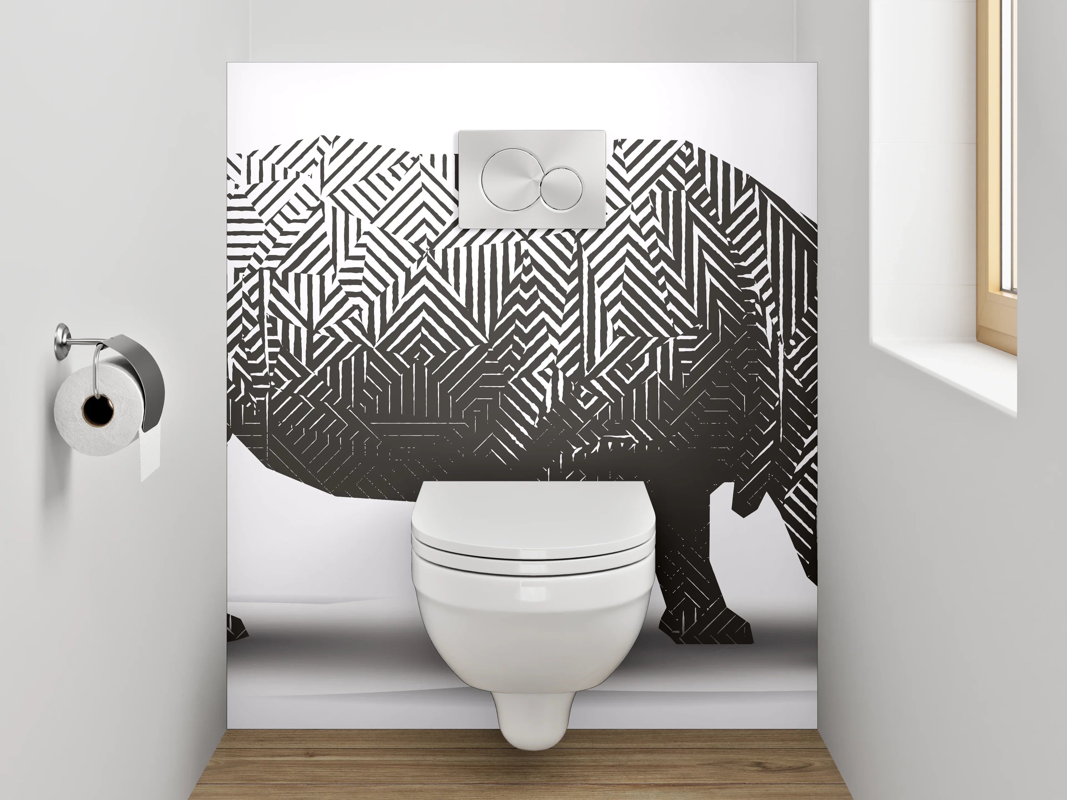 WC-Rückwand - Modernes Nashorn Labyrinth Schwarz-Weiß