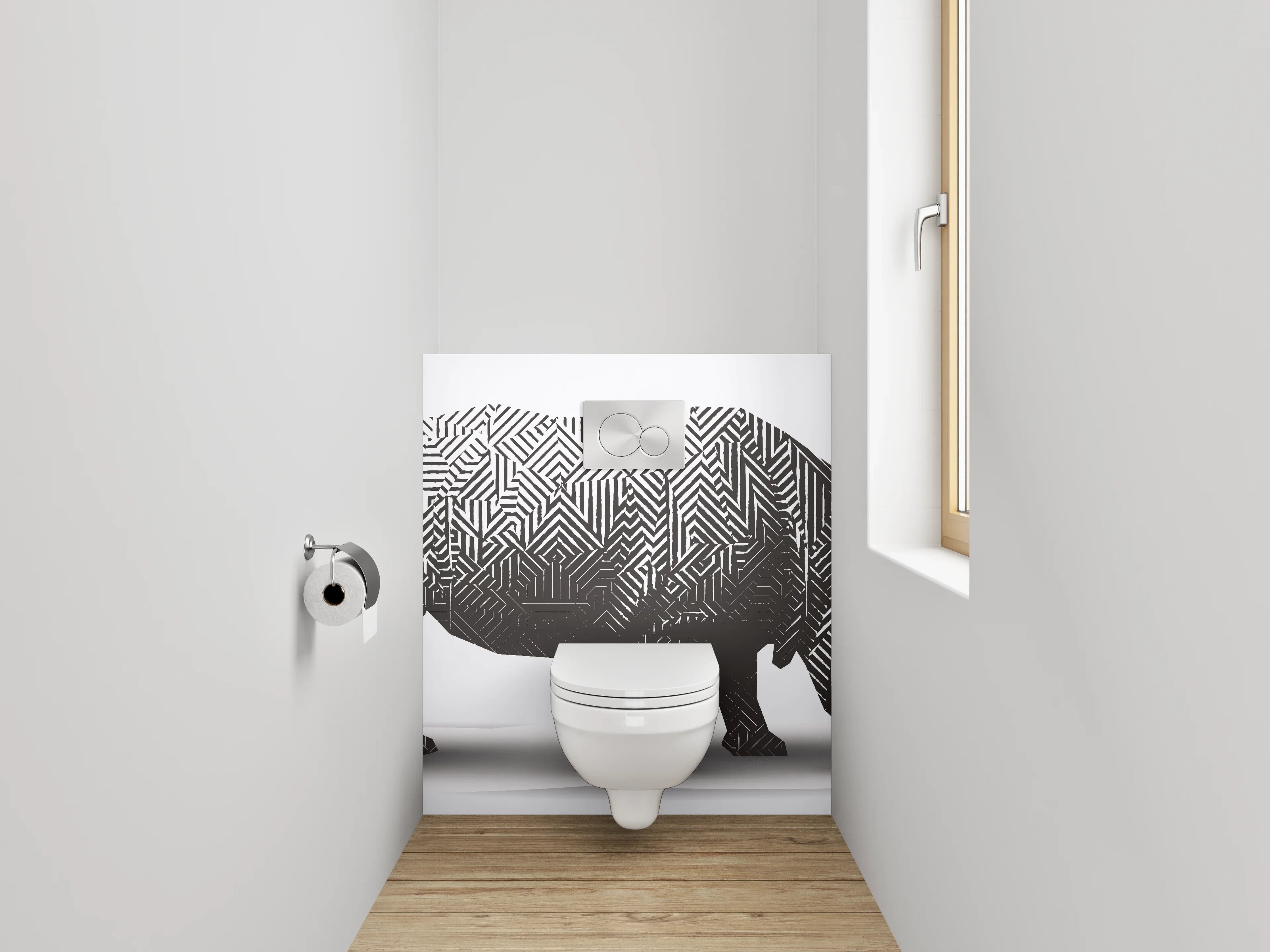 WC-Rückwand - Modernes Nashorn Labyrinth Schwarz-Weiß