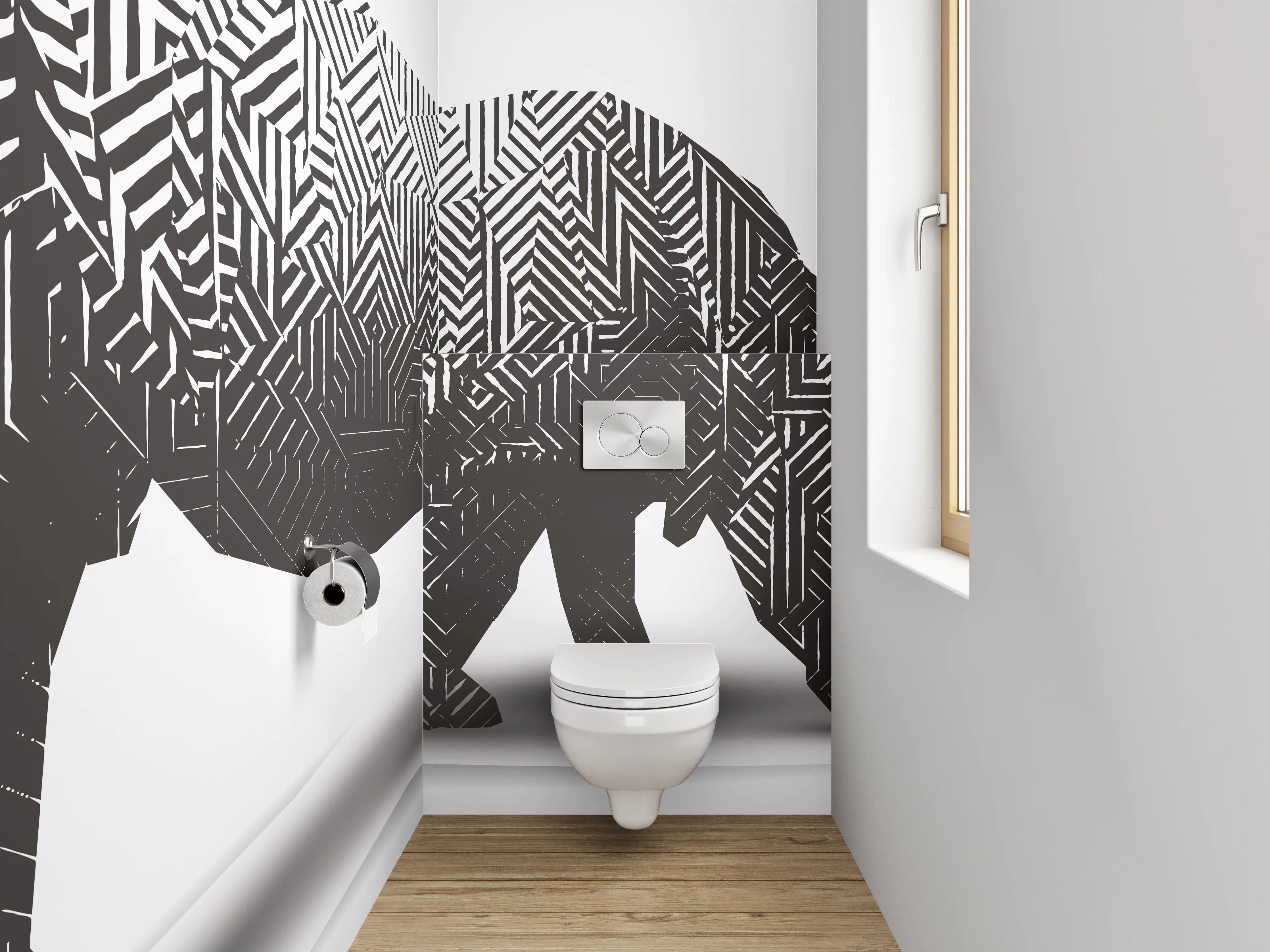 WC-Rückwand - Modernes Nashorn Labyrinth Schwarz-Weiß