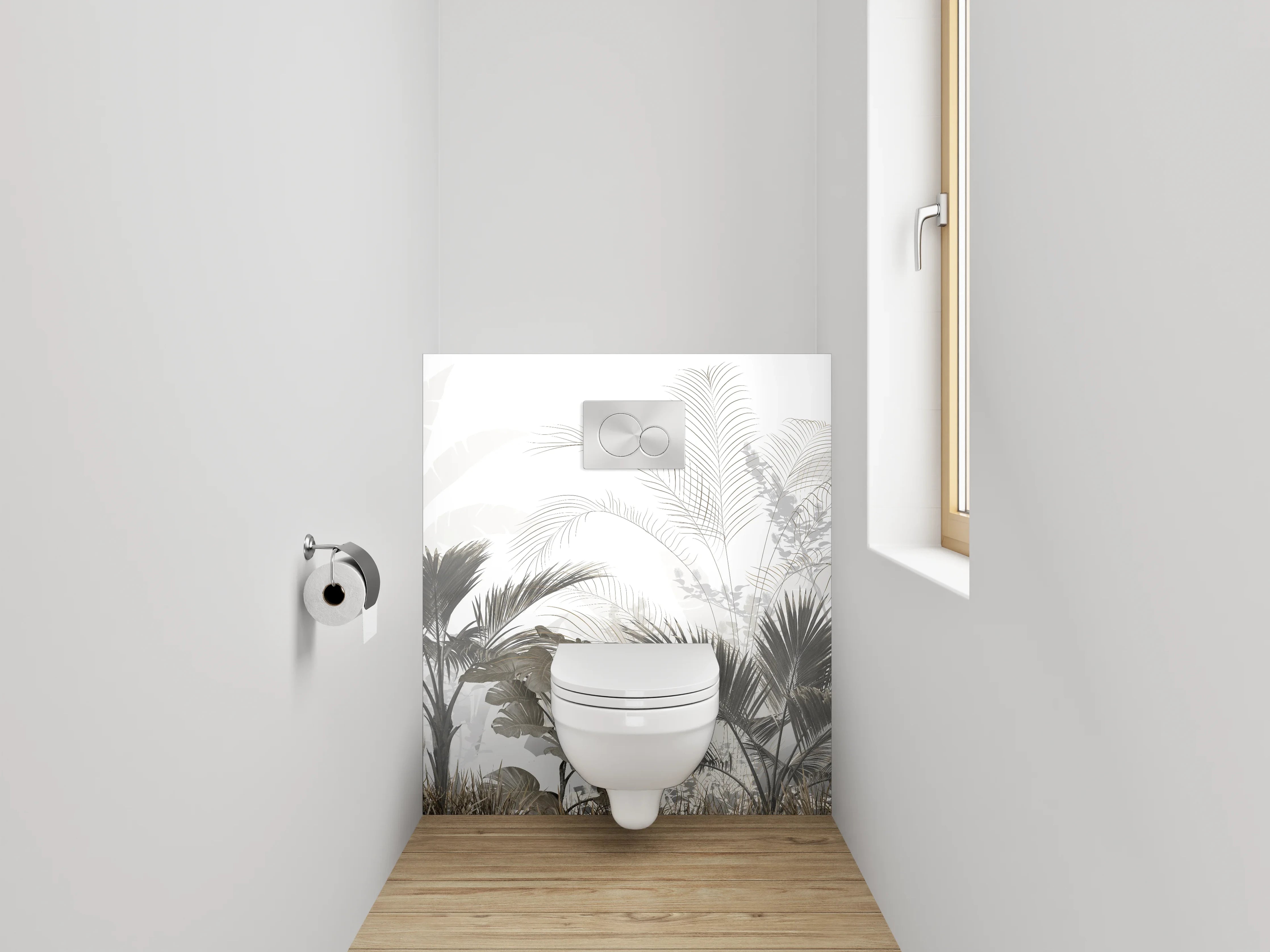 WC-Rückwand - Modernes Palmendesign in Weiß-Grau