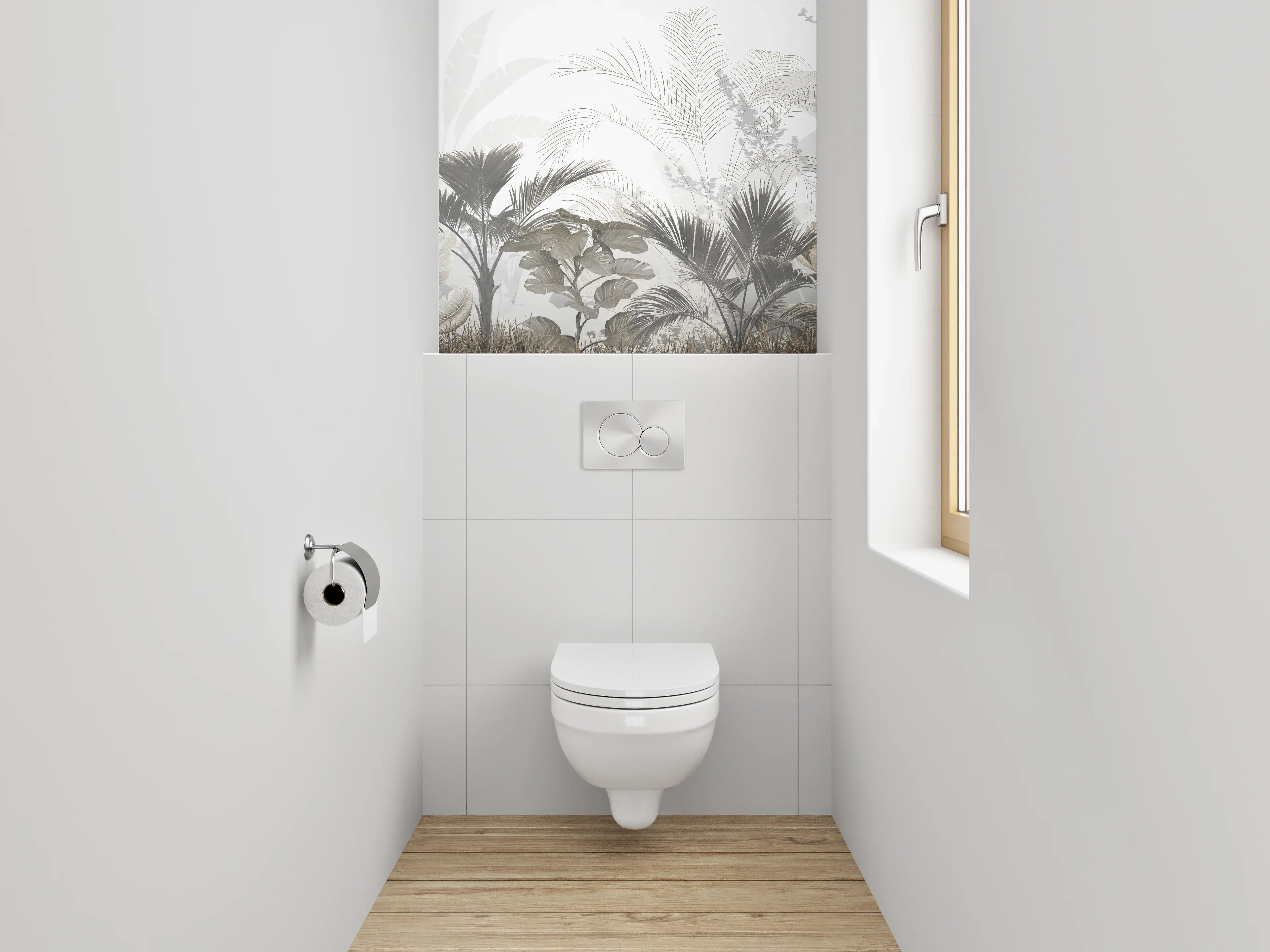 WC-Rückwand - Modernes Palmendesign in Weiß-Grau