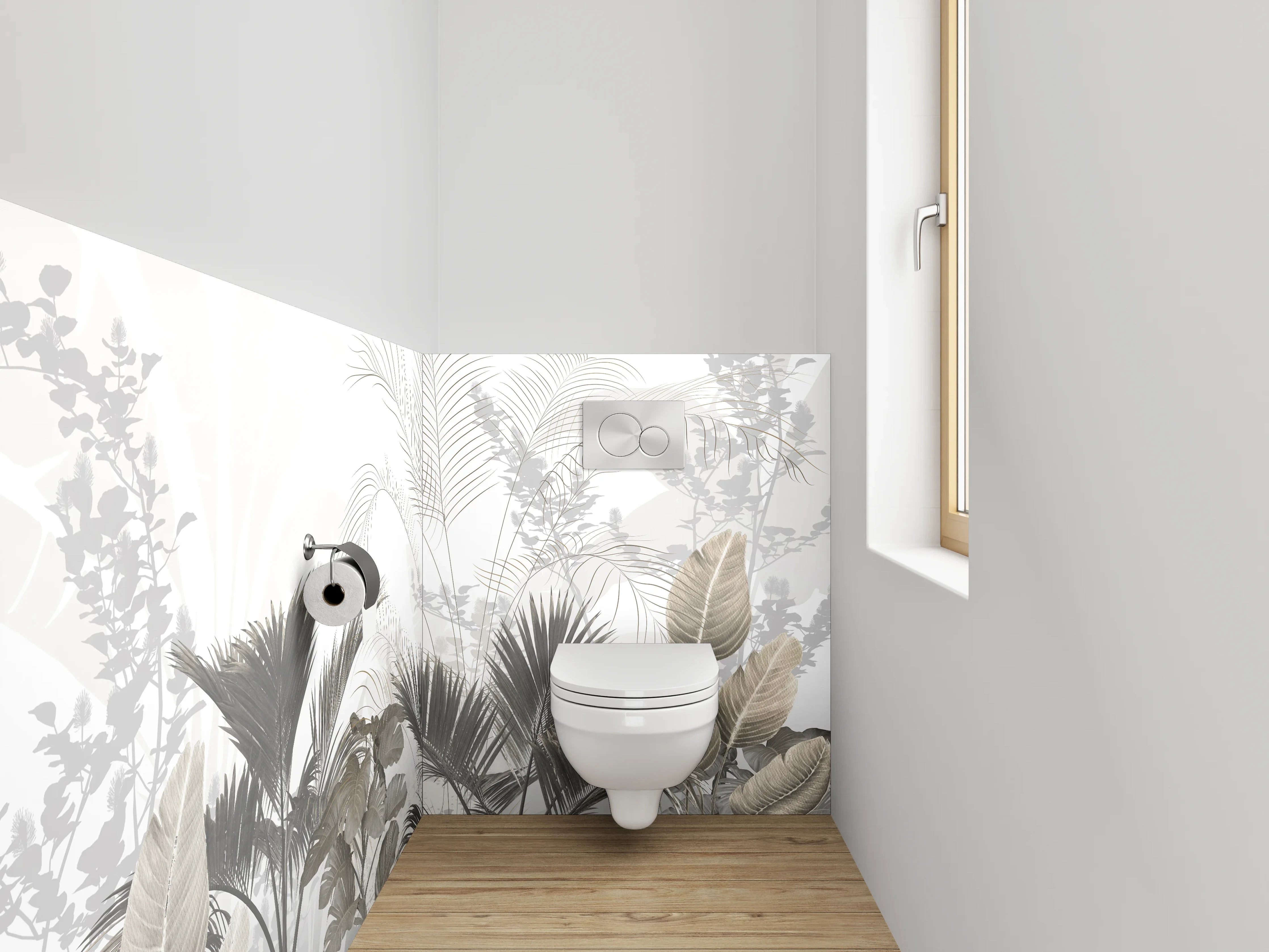 WC-Rückwand - Modernes Palmendesign in Weiß-Grau