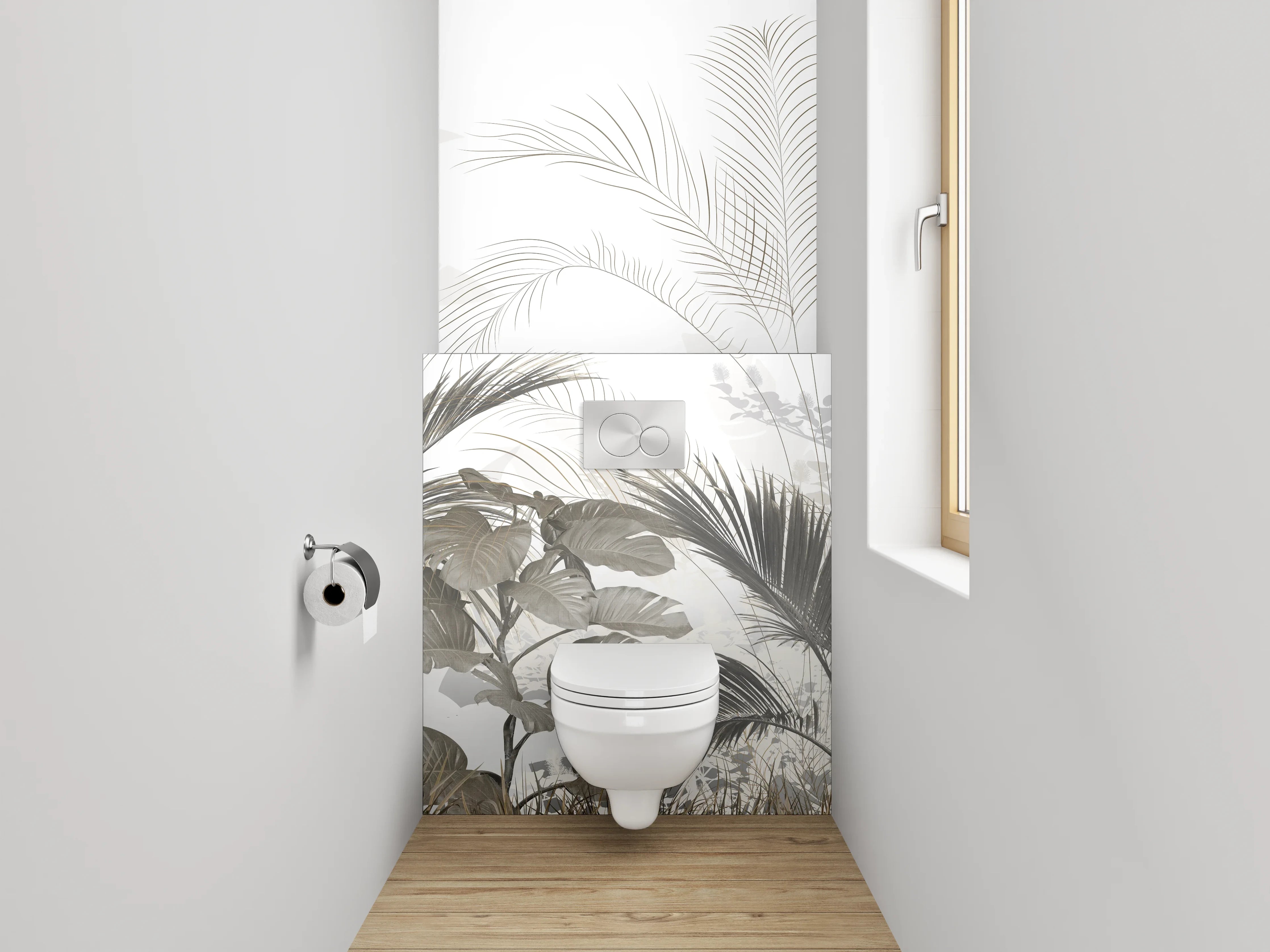 WC-Rückwand - Modernes Palmendesign in Weiß-Grau