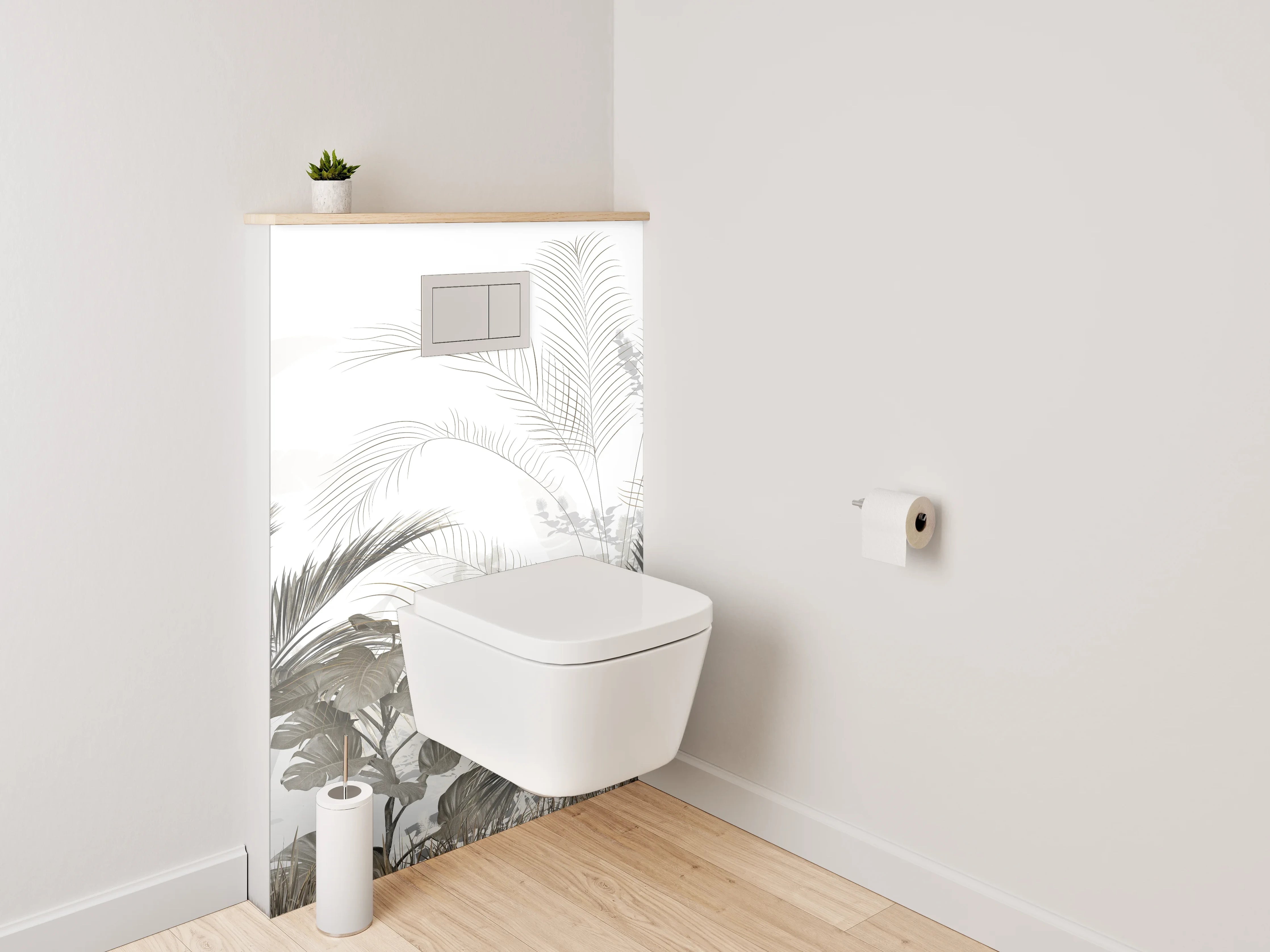 WC-Rückwand - Modernes Palmendesign in Weiß-Grau