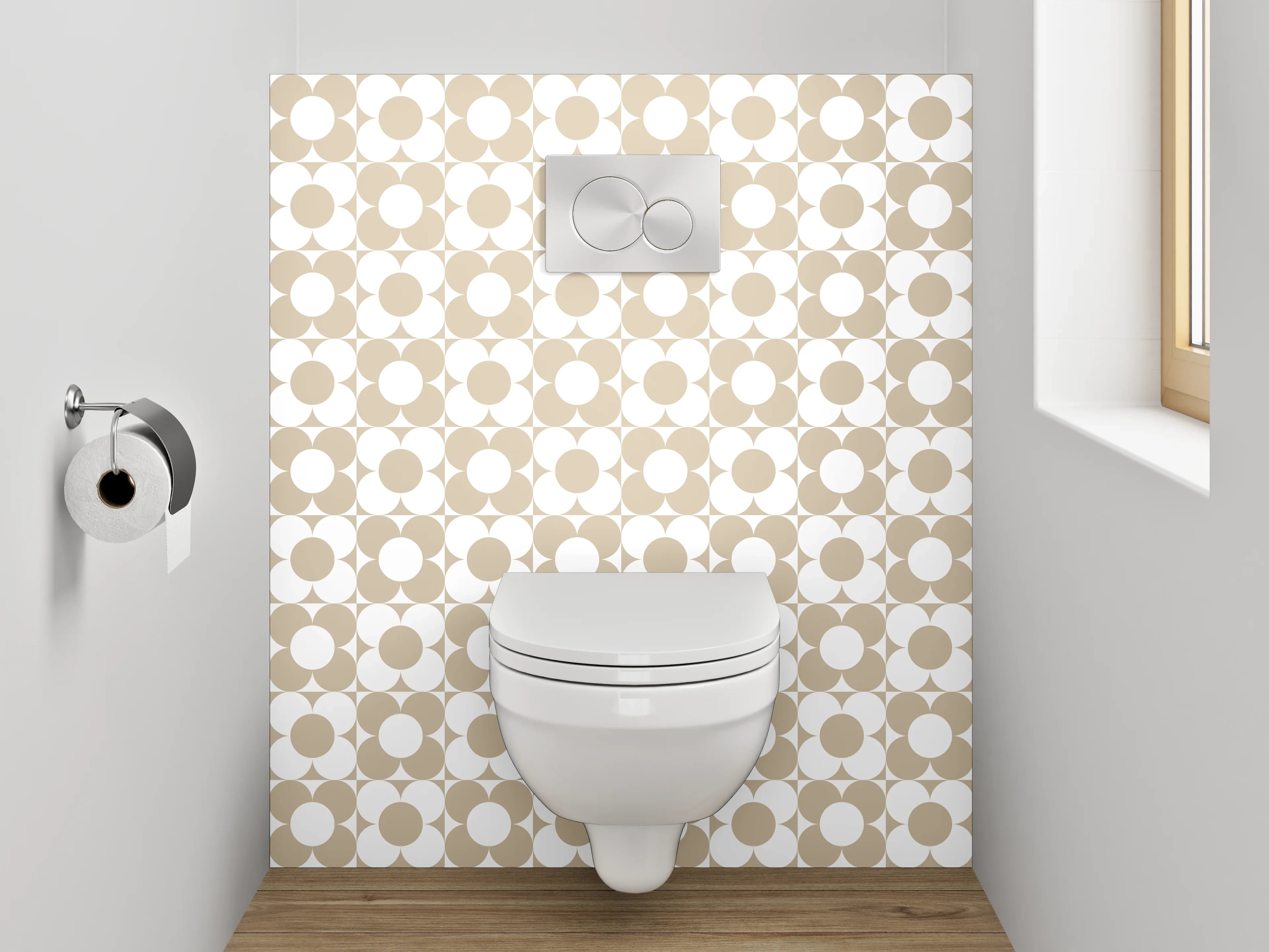 WC-Rückwand - Modernes Retro-Kreismuster Beige Weiß