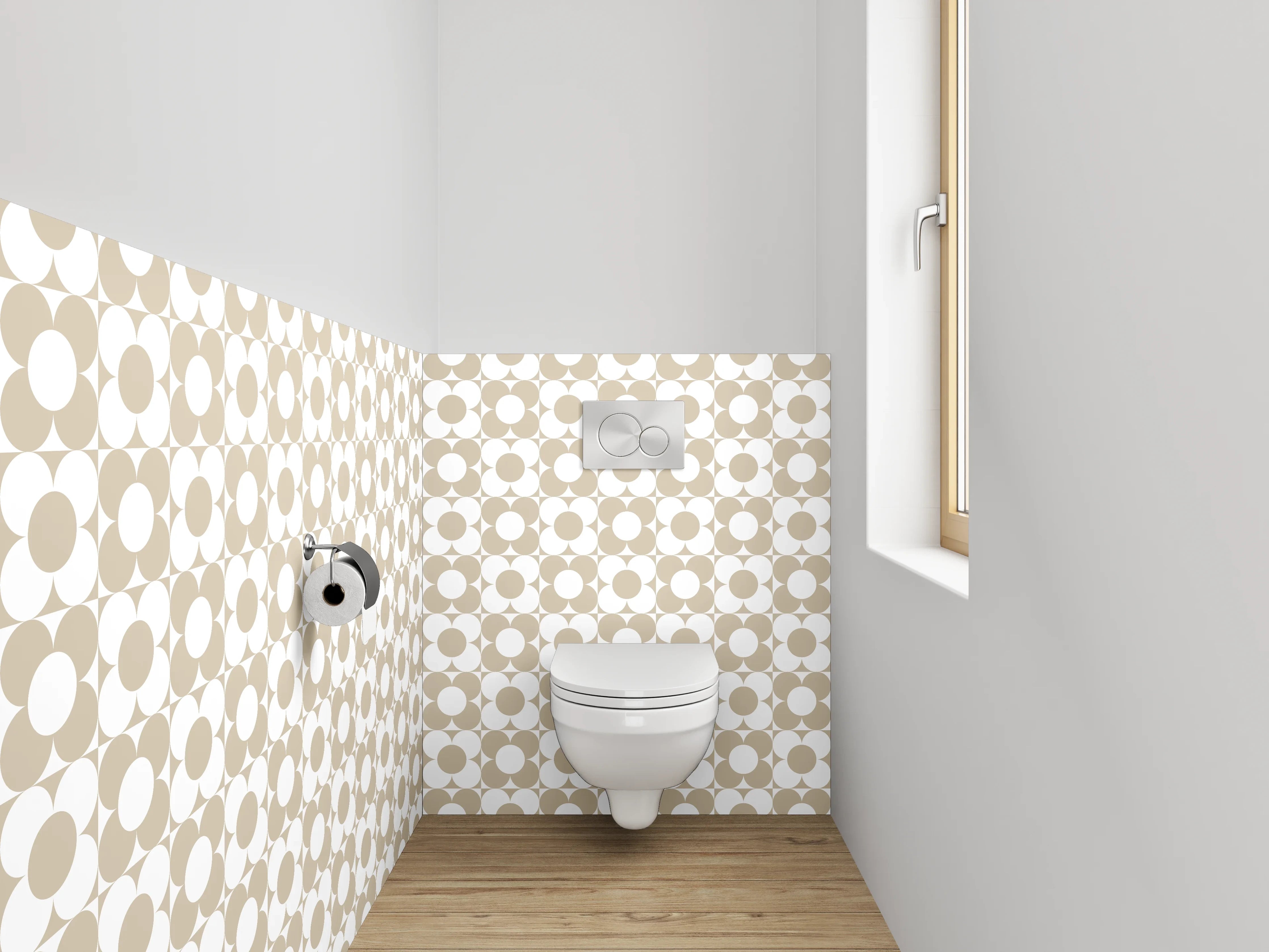 WC-Rückwand - Modernes Retro-Kreismuster Beige Weiß