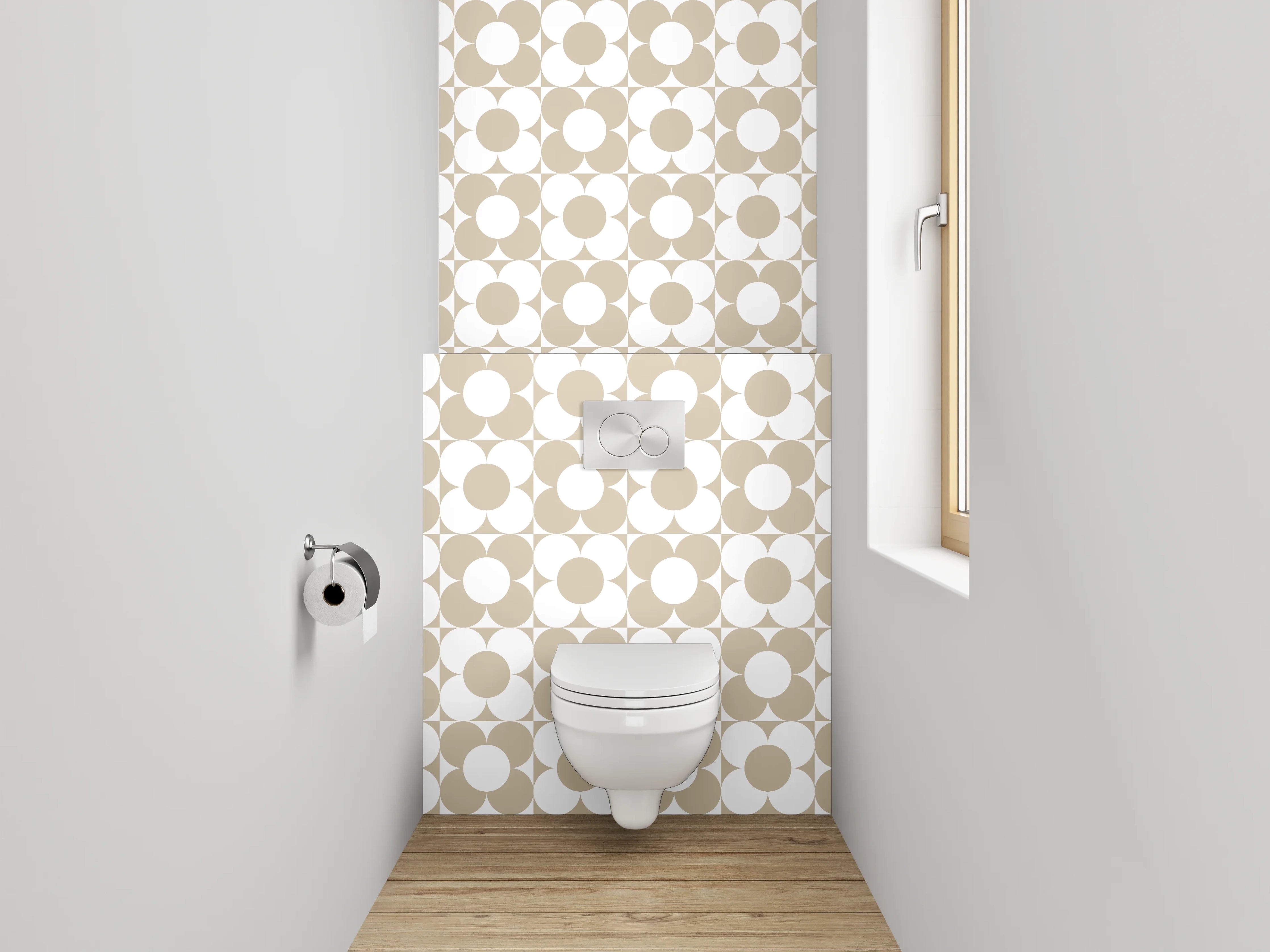 WC-Rückwand - Modernes Retro-Kreismuster Beige Weiß