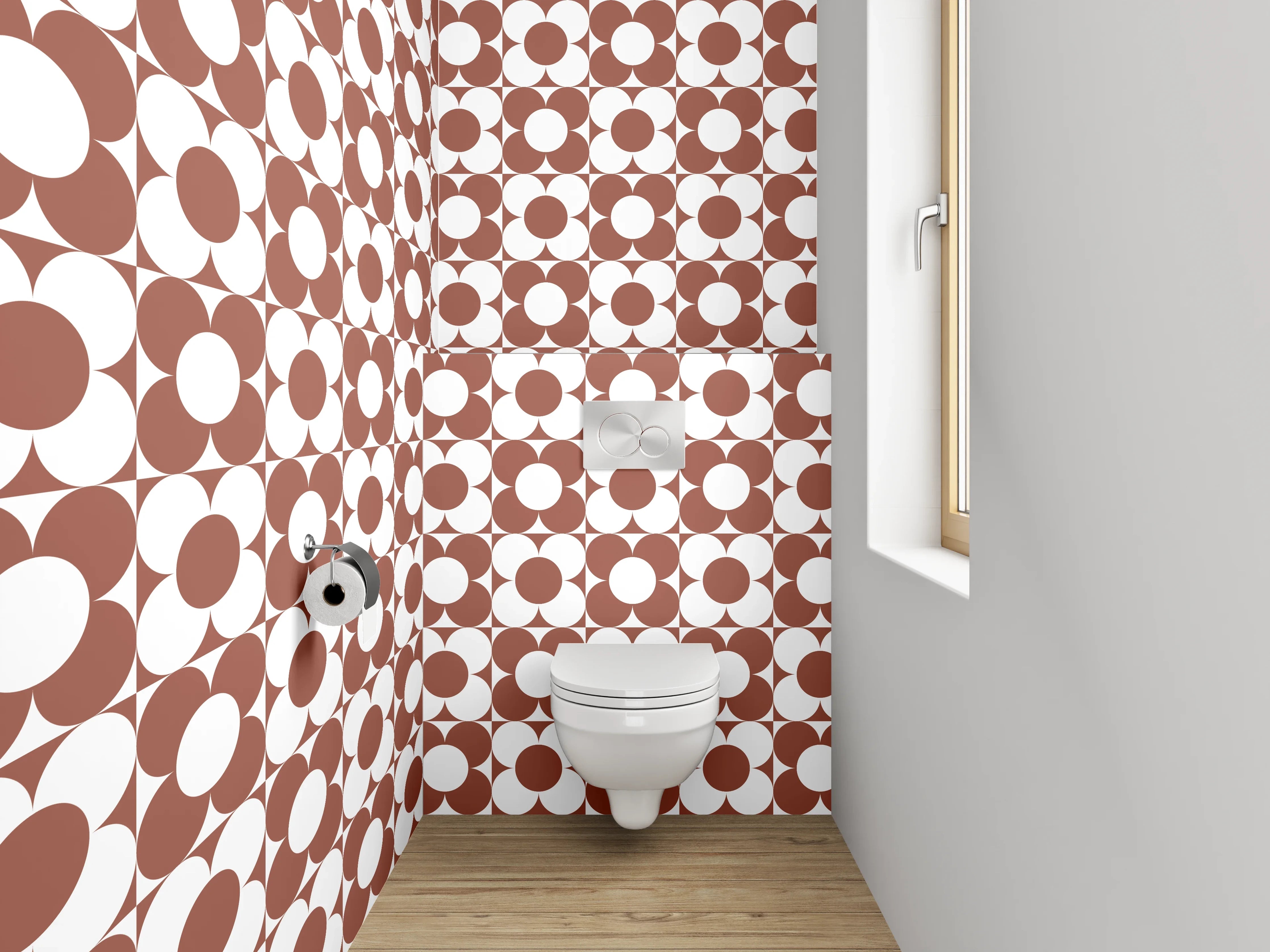 WC-Rückwand - Modernes Retro-Muster in Braun Weiß