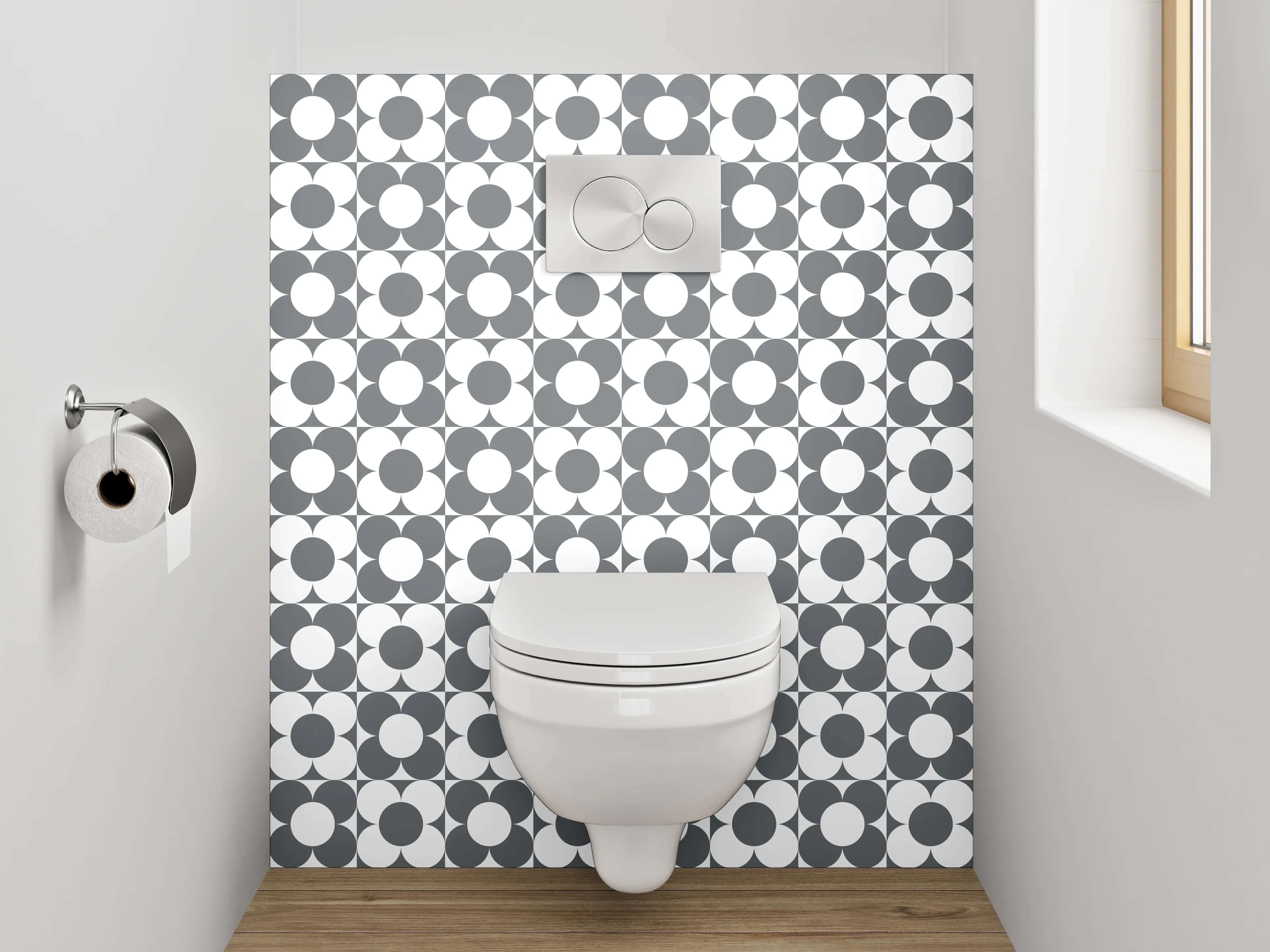 WC-Rückwand - Modernes Rundmuster in Weiß-Grau