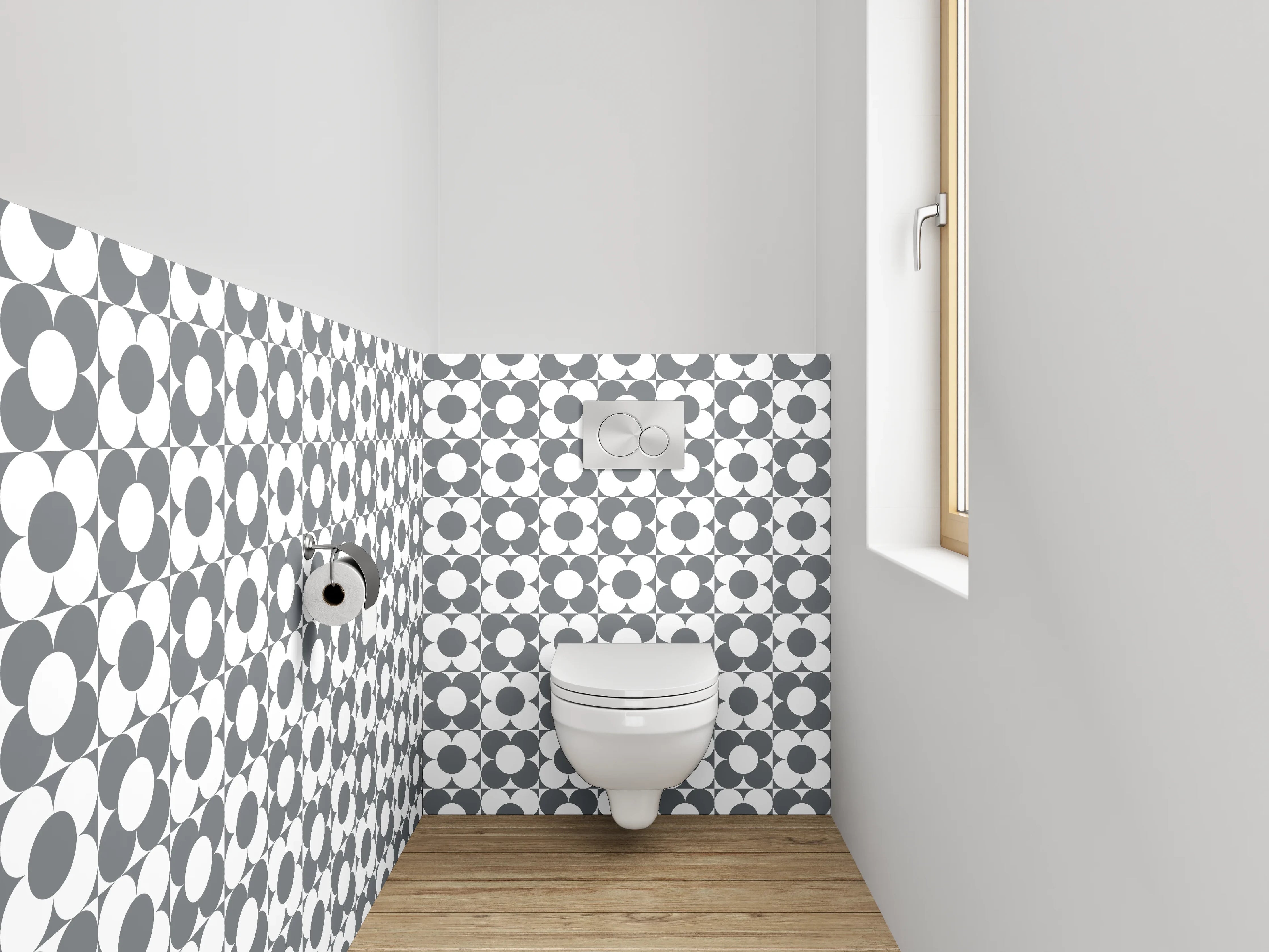 WC-Rückwand - Modernes Rundmuster in Weiß-Grau