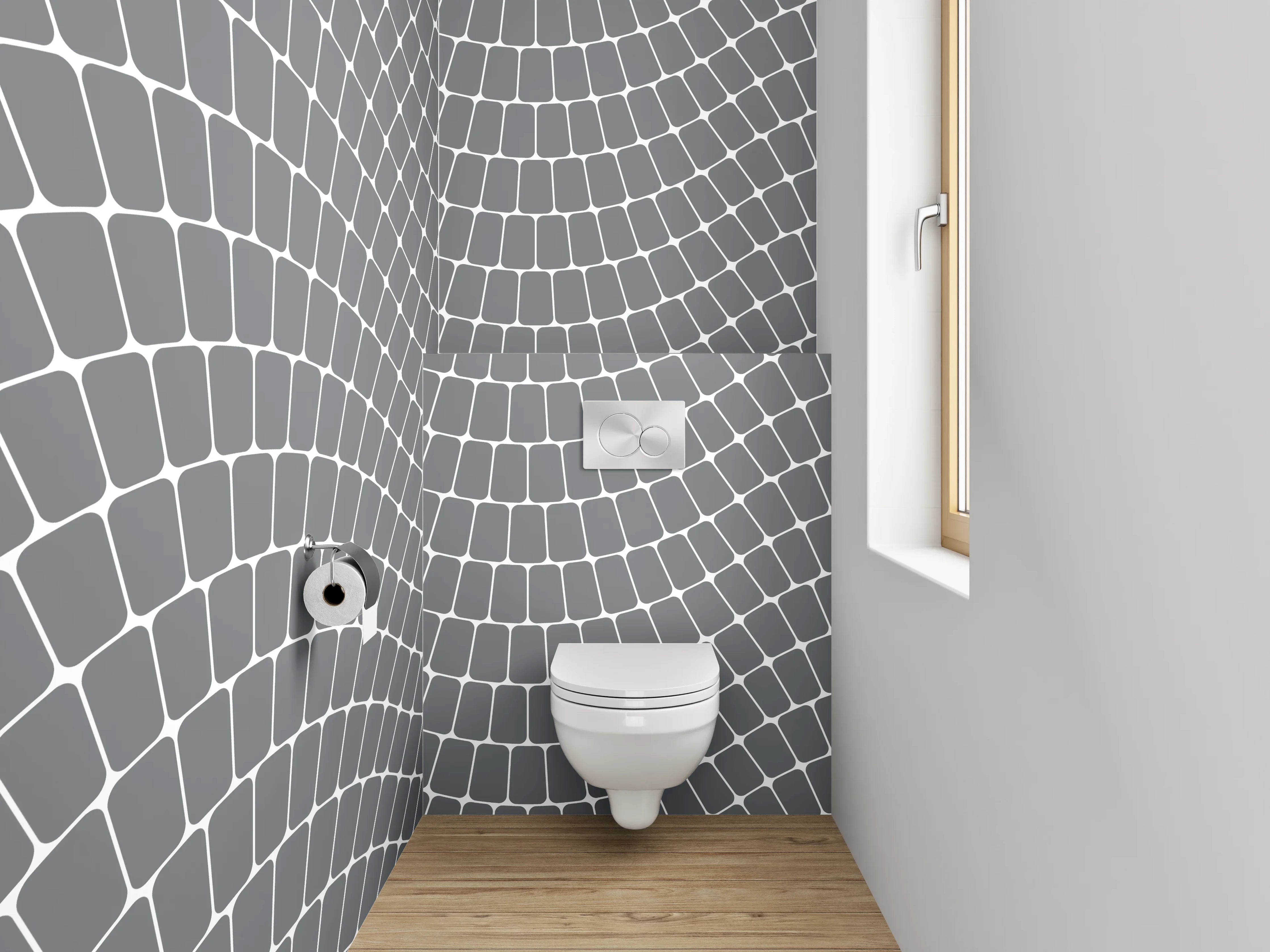 WC-Rückwand - Modernes Wellenlinien-Mosaik Grau Weiß