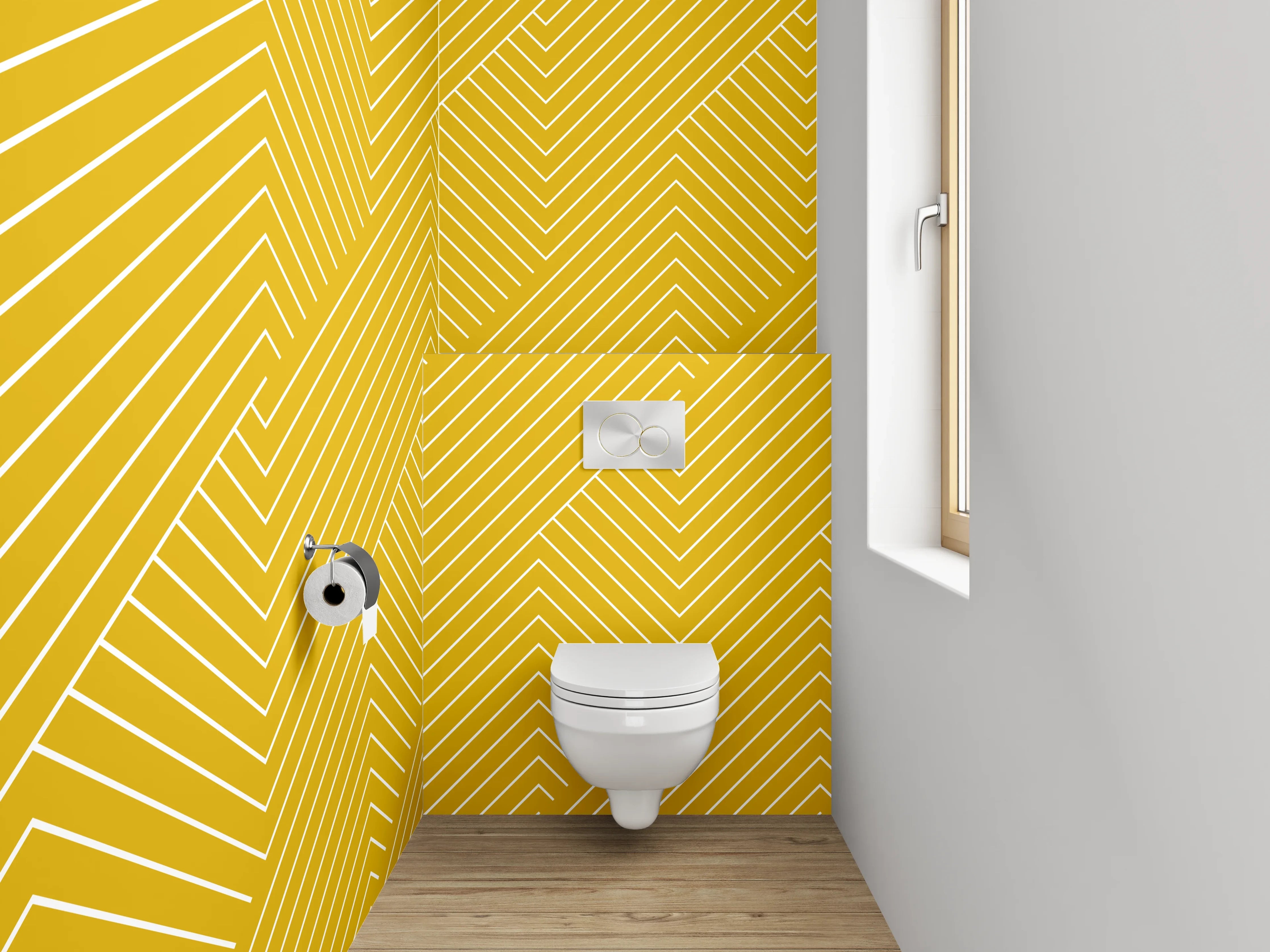 WC-Rückwand - Modernes gelbes Linienmuster als Akzentwand