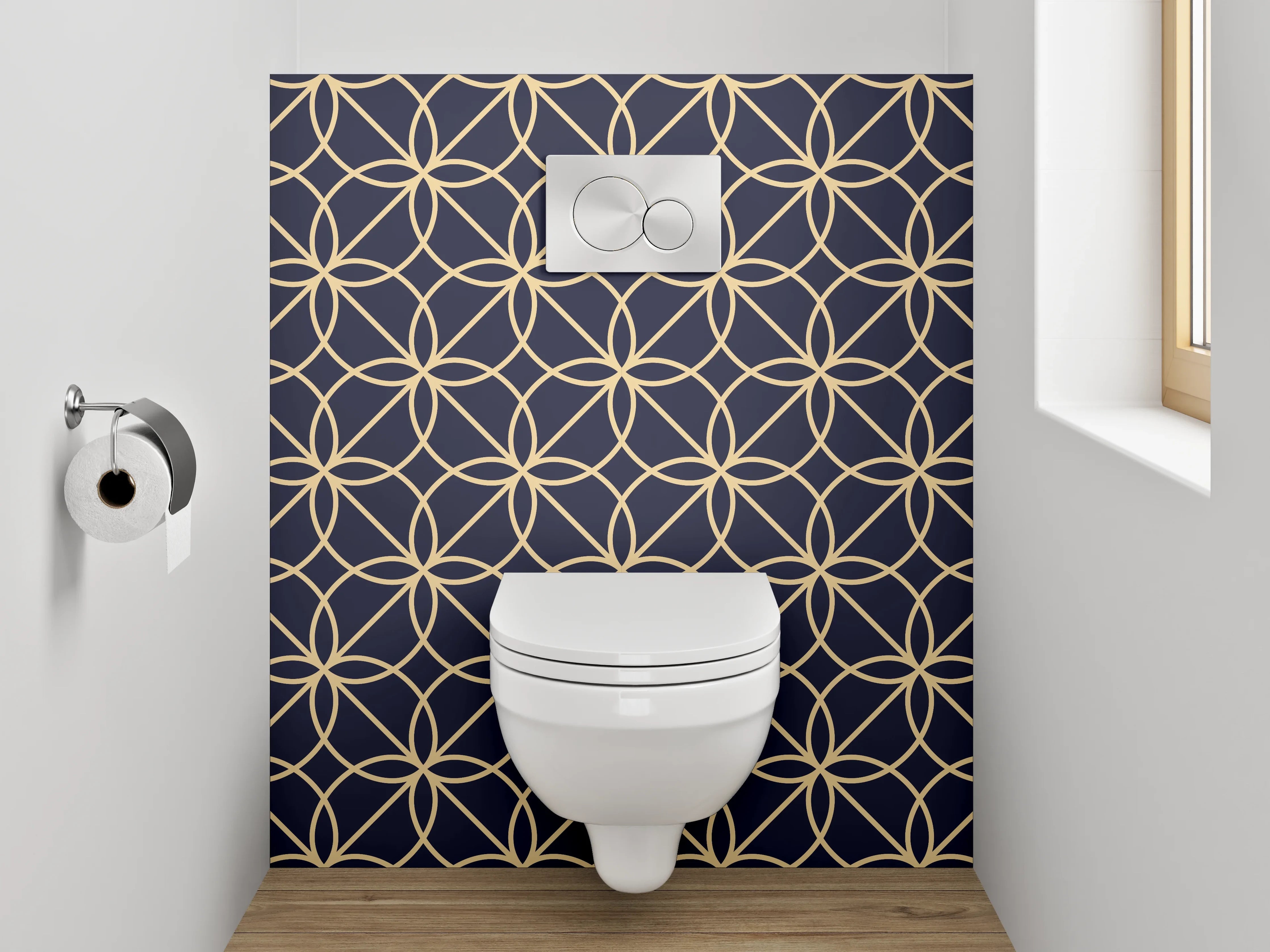 WC-Rückwand - Modernes geometrisches Muster in Gold und Dunkelblau
